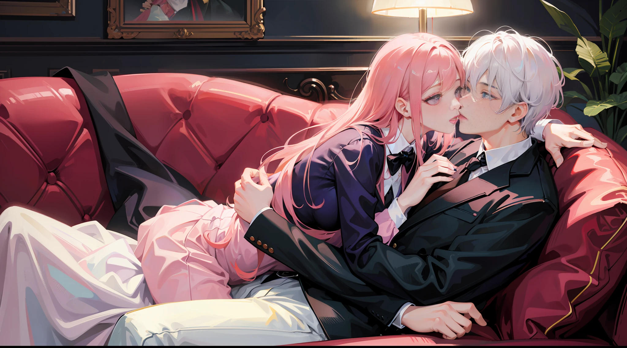 masterpiece, best quality, super detailed, illustration, beautiful detailed eyes, close up, a girl and a boy on the sofa, girl pink hair white skirt, boy black hair and black suit clothes pants, girl and boy hugging each other on the sofa and kissing hotly