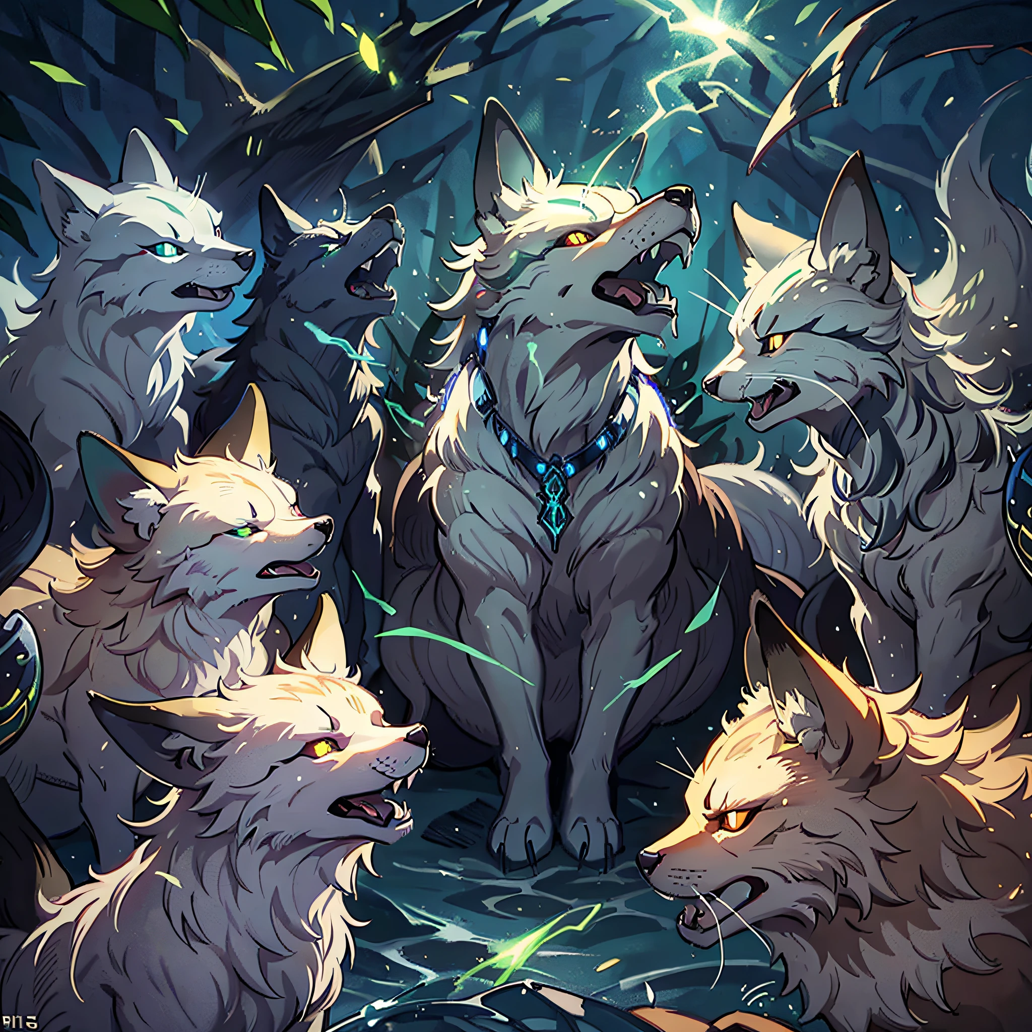 Masterpiece, of the best quality, dozens of foxes and weasels, in groups, with fierce expressions, open mouths, green glowing eyes, ((close-up of long-range shots)) 1.5