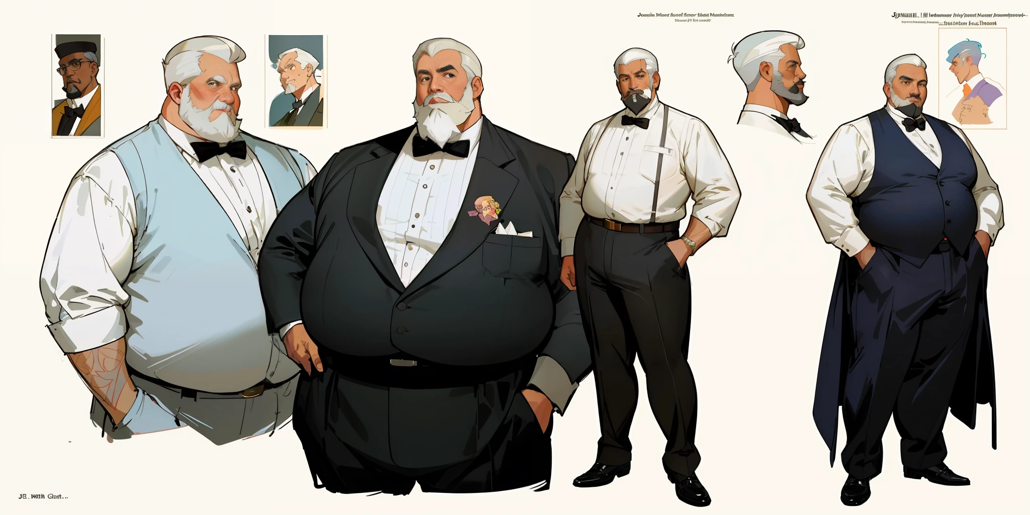 Best quality, 3 adult men, character sheet, concept art, (full body, masterpiece: 1.2), (best quality: 1.3), ordinary Afro-American black men, short white hair, white beard and moustach, 3 overweight men on their 60s, wearing an elegant tuxedo and black shoes, big city skyline as the background, winner attitude pose, with short white hair, assorted poses, in the style of Norman Rockwell, JC Leyendecker, Jordan Grimmer, soft pastel colors, intricate, elegant, highly detailed, digital painting, art station, concept art.