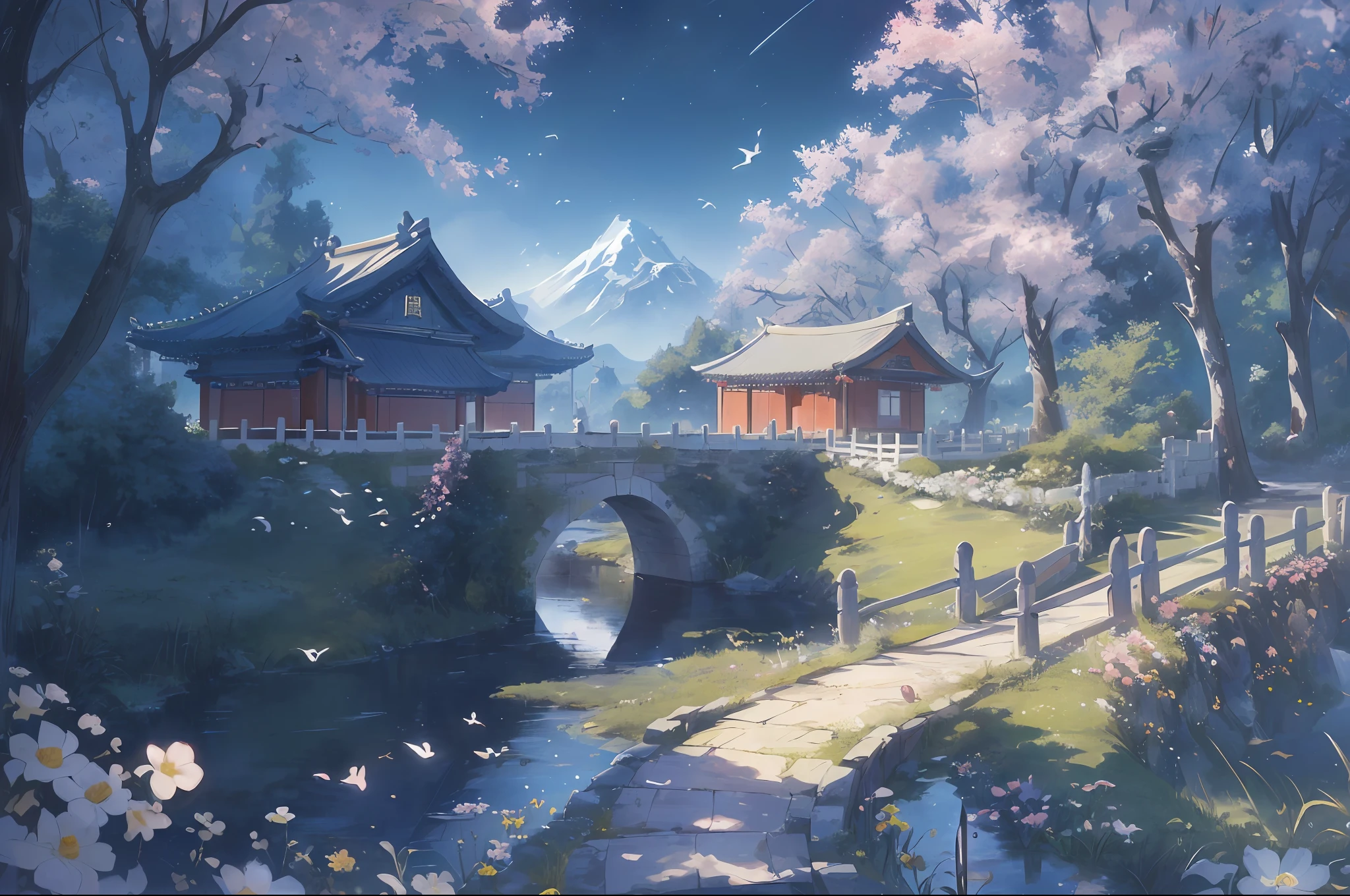 ((Masterpiece, Best Quality, Official Art, Unity 8K Wallpaper, Absurdity, High Resolution, Night, Starry Sky (Chinese Female Swordsman, 1girl:1.4), Japanese White Robe Red Apron, Looking Ahead, (Breathtaking Landscapes: 1.2), Natural Wonders, Tranquil Vistas, Forests, Mountains, Outdoor Adventures, (Diverse Ecosystems: 1.2), Scenic Beauty, Trees, Castles, Villages, Flowers, bridges, fences, birds --v6