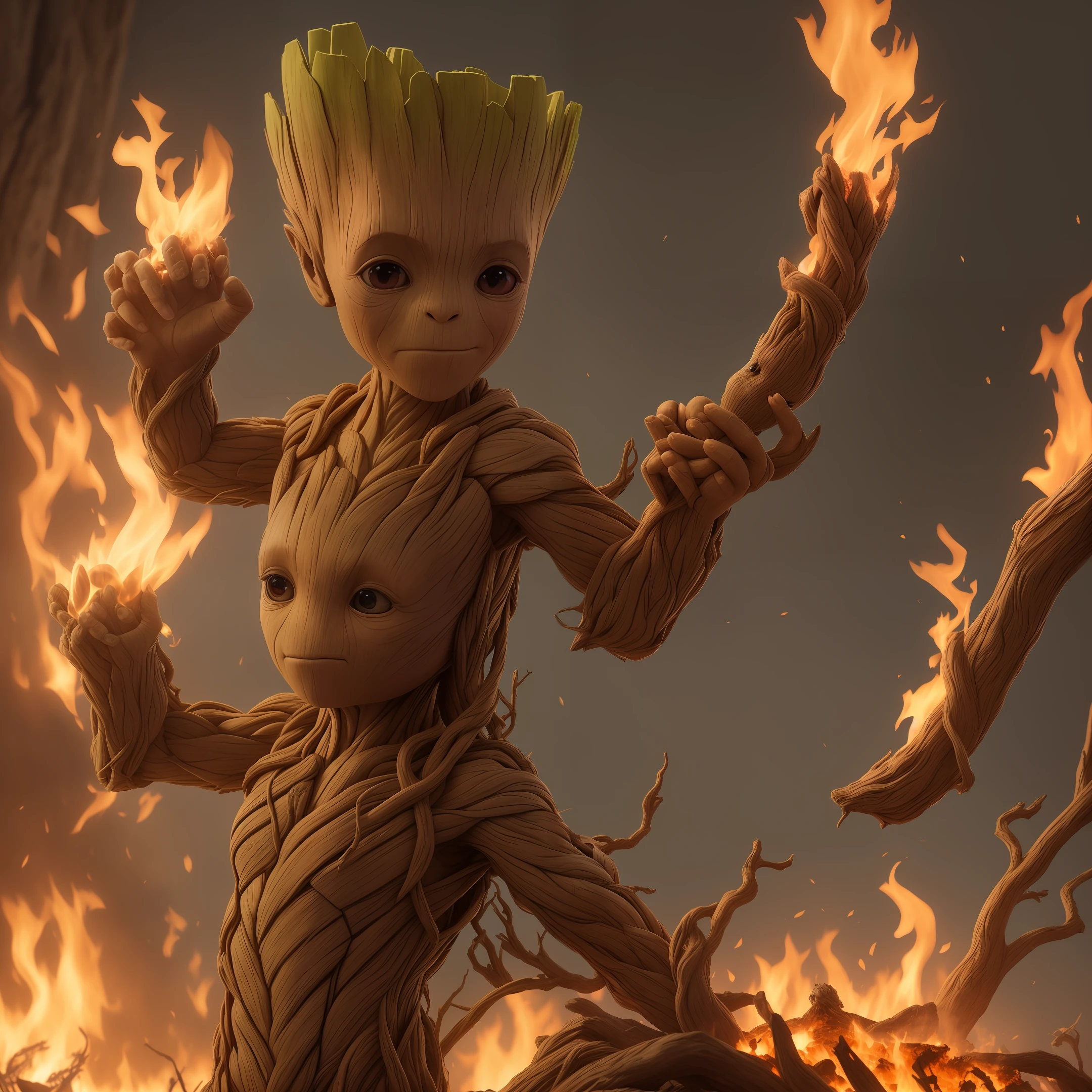 cinematic shot of groot cute realistic, surrounded by fire, seamless, epic, cinematic, intricate details, award-winning, great lighting, shading, high quality, detailed