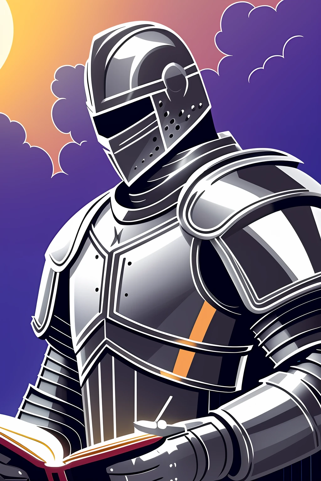 create a knight in shining silver armor reading the bible in hand, sunrise, cloudy, HQ style, comic style, vector, flat 2d --auto --s2