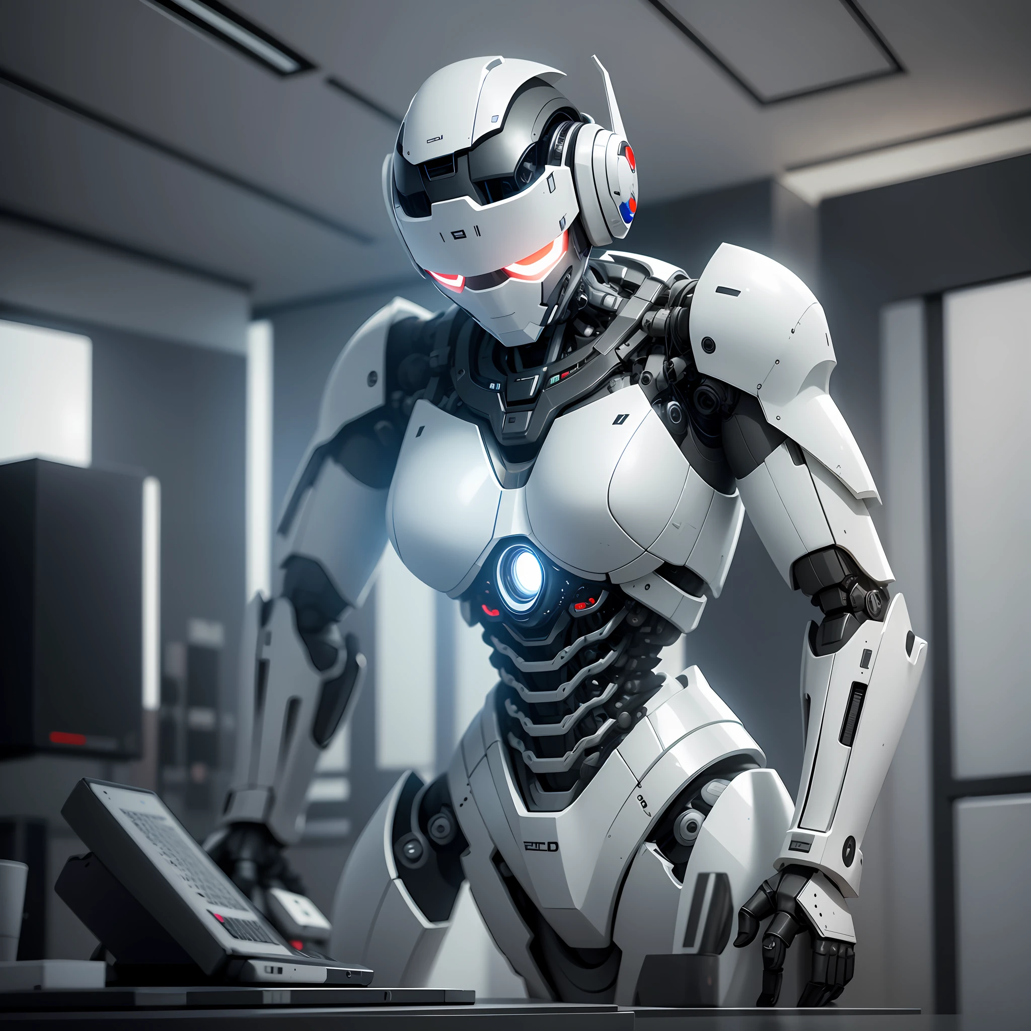 Imagine a faceless robot, white as a computer screen, has no arms, no eyes and lives inside an office in New York, full-body front wide-angle, 8k, photorealistic, epic Unreal Engine composition, cinematics, color grading, portrait photography, depth of field, hyper detailed --auto --s2