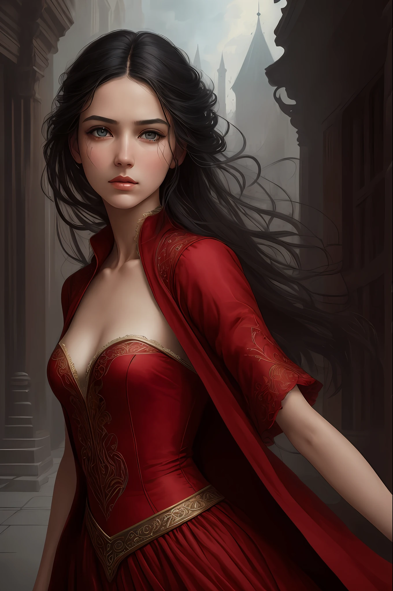 Create an [Comic book Luis Royo art style] with [detailed linework], [dynamic shading], and [rich colors]. The young black haired girl have [full body], [expressive facial features] and [fluid body movements], with close attention paid to [her red dress] and [althar of an evil temple background]. [dark atmosphere] of the image, windy and with small fires everywhere. Create an [ultra-realistic], [high-resolution] image of [weeping] [young woman], a beautiful [Widow]. She has [heart-shaped] face. Her face is [delicately proportioned], with a [small nose] and [high cheekbones]. Her lips are full.  Exposed neck, [shinny black straight medium hair styled] medium hair, greek hair style. Her [blue eyes] with [black eyeliashes and brown], with long, full eyelashes that add to her feminine charm.  She wears a medieval red dress with pants] (fabric with intricate pattern:1.2), that accentuates her [slim petite body]. Fairy, absurdres. The image should showcase [visible skin pores] that add to the realism. Her [imperfect, uneven, and irregular skin] should be depicted with [specular reflection], [subsurface scattering], and [diffuse reflection], capturing the [fair skin tone] The image should be captured in [natural light], with [soft shadows] that highlight her. The colors should be [RAW] and [vibrant], showcasing the [tragic] elements of the character, while remaining grounded in a sense of [realism]. Aim for a [photorealistic] portrayal that captures the [essence] of her character, from her [fierce demeanor] to her [captivating beauty]. The image should have [intricate details], capturing every nuance of her form. The overall mood of the image should be [victorian], [ghotic] with a sense of [melancholy] and [loneliness], princess Lili from the movie Legend