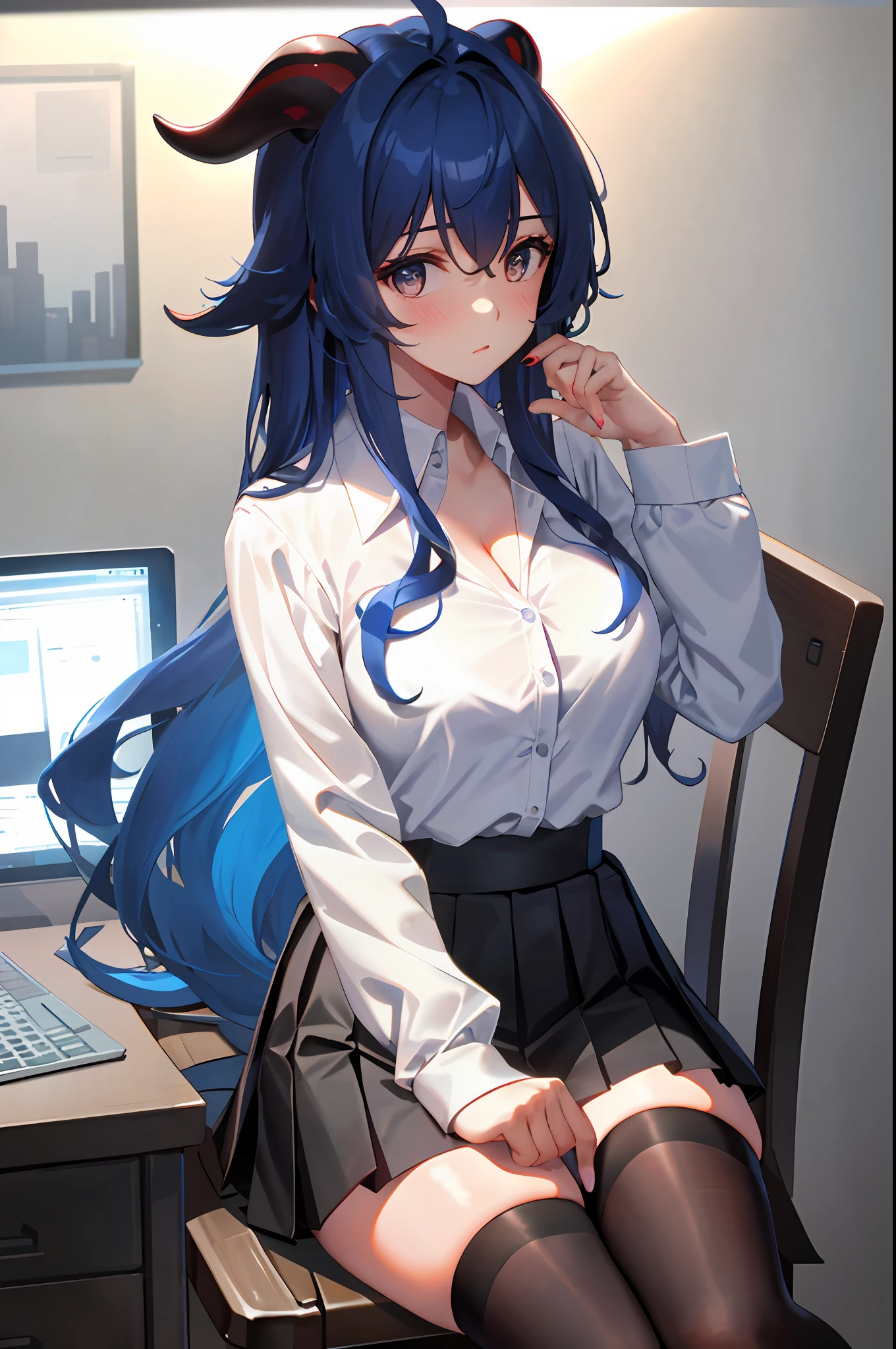 Ganyu, 1girl, solo, ((white shirt)), black thighhighs, breasts, cleavage, uniform, office background, black skirt, pleated skirt, office, hair between eyes, golden hair ornament, large breasts, long hair, looking at viewer, blue hair, blue short nails, solo, thighhighs, thighs, long hair, ((masterpiece)), sitting, chair, desk, computer on desk, name tag, id tag, indoor, horn, blush, sexy pose,