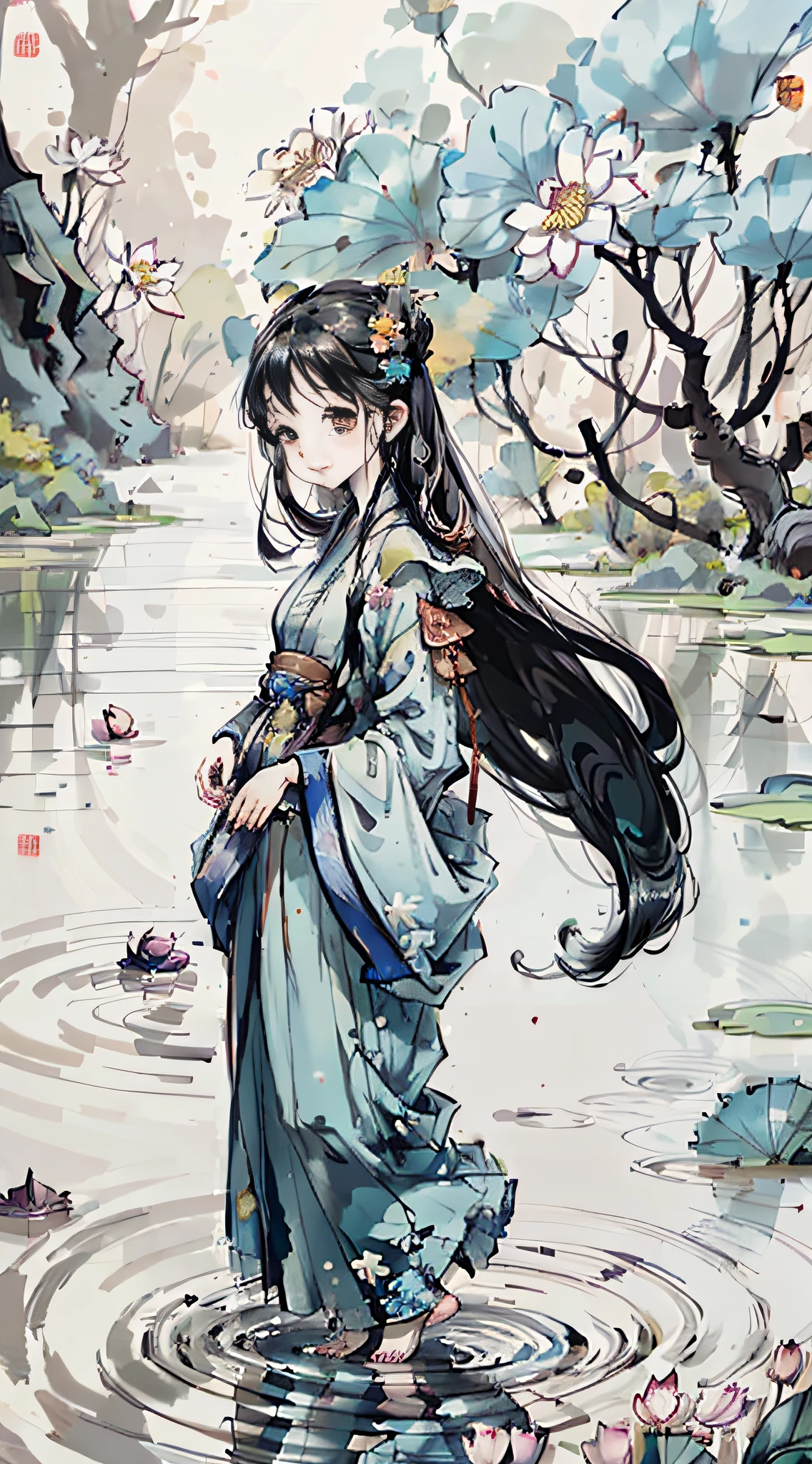 (4k,masterpiece,best quality)), shuimobysim, Chinese painting, lotus, hanfu, maxiskit, dress conservatively 1girl, solo, long blue hair, smile, standing, feet in water, barefoot,