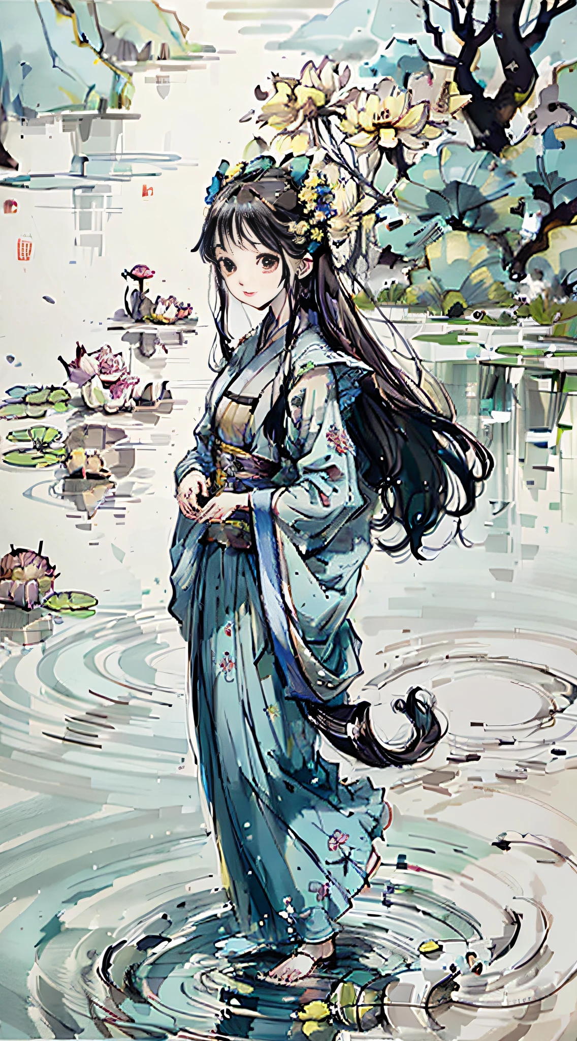 (4k,masterpiece,best quality)), shuimobysim, Chinese painting, lotus, hanfu, maxiskit, dress conservatively 1girl, solo, long blue hair, smile, standing, feet in water, barefoot,