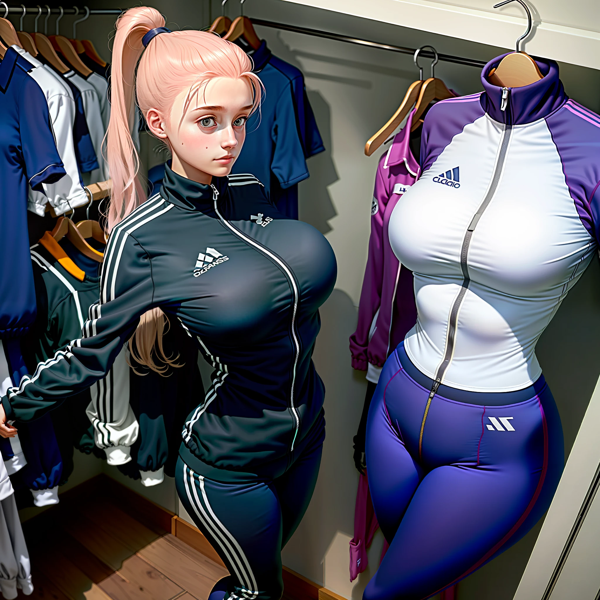 Invisible girls, world without humans, headless, sailer uniforms, (realistic: 0), headless, empty, handless, headless, invisible girls, tracksuits with cleavages, empty clothes, invisible body, invisible head, empty clothes, invisible girl, hanger tracksuits with cleavages, invisible body, invisible head, tracksuits has big breasts and cleavages, tights, hanger tracksuits in a closet swells as if worn by invisible busty girls, girl's busty tracksuits begin to pose on its own as if worn by invisible girls, hanger tracksuits has big breasts and cleavages