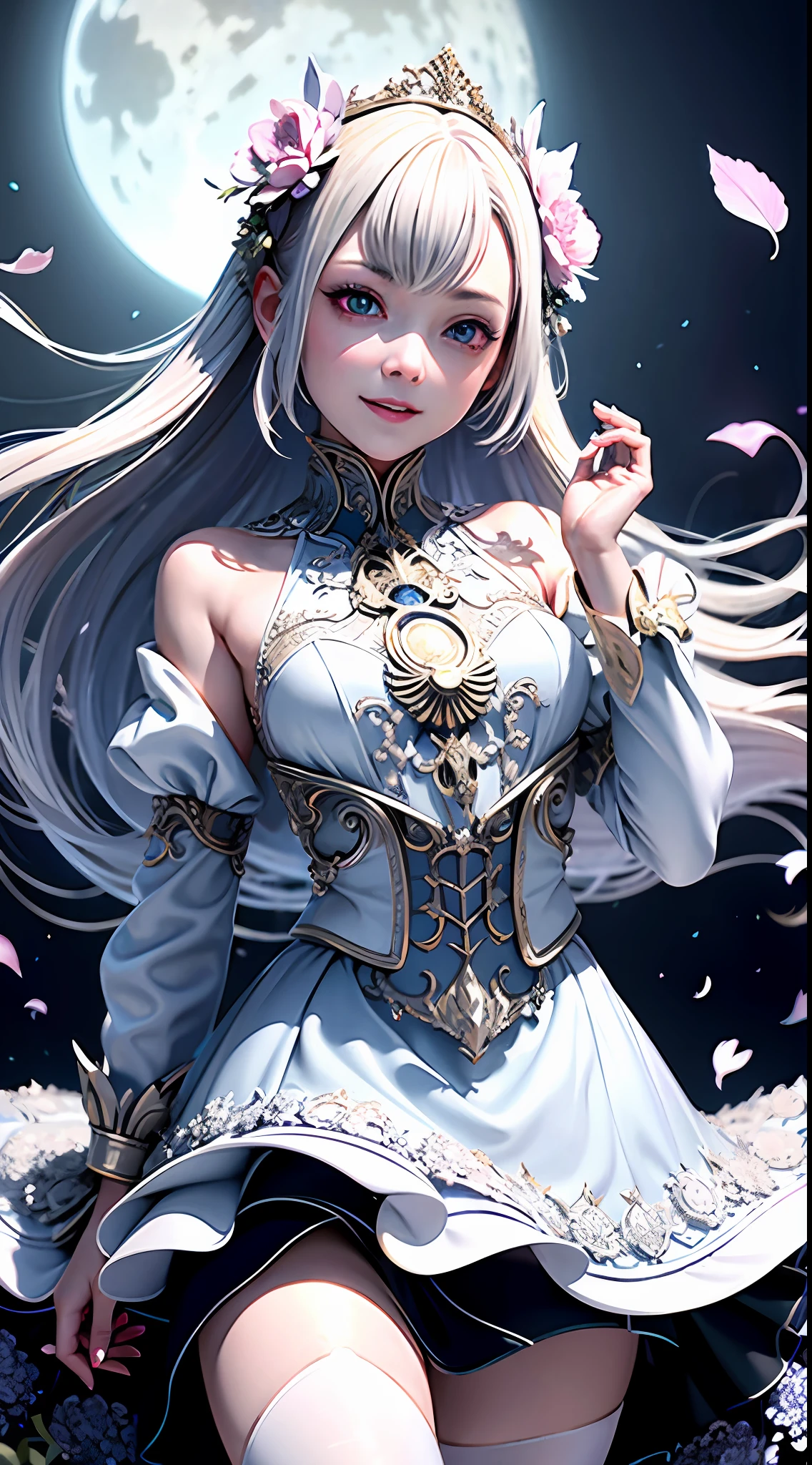 masterpiece, best quality, 1girl, (colorful),(delicate eyes and face), volumatic light, ray tracing, bust shot ,extremely detailed CG unity 8k wallpaper,solo,smile,intricate skirt,((flying petal)),(Flowery meadow) sky, cloudy_sky, moonlight, moon, night, (dark theme:1.3), light, fantasy, windy, magic sparks, dark castle,white hair