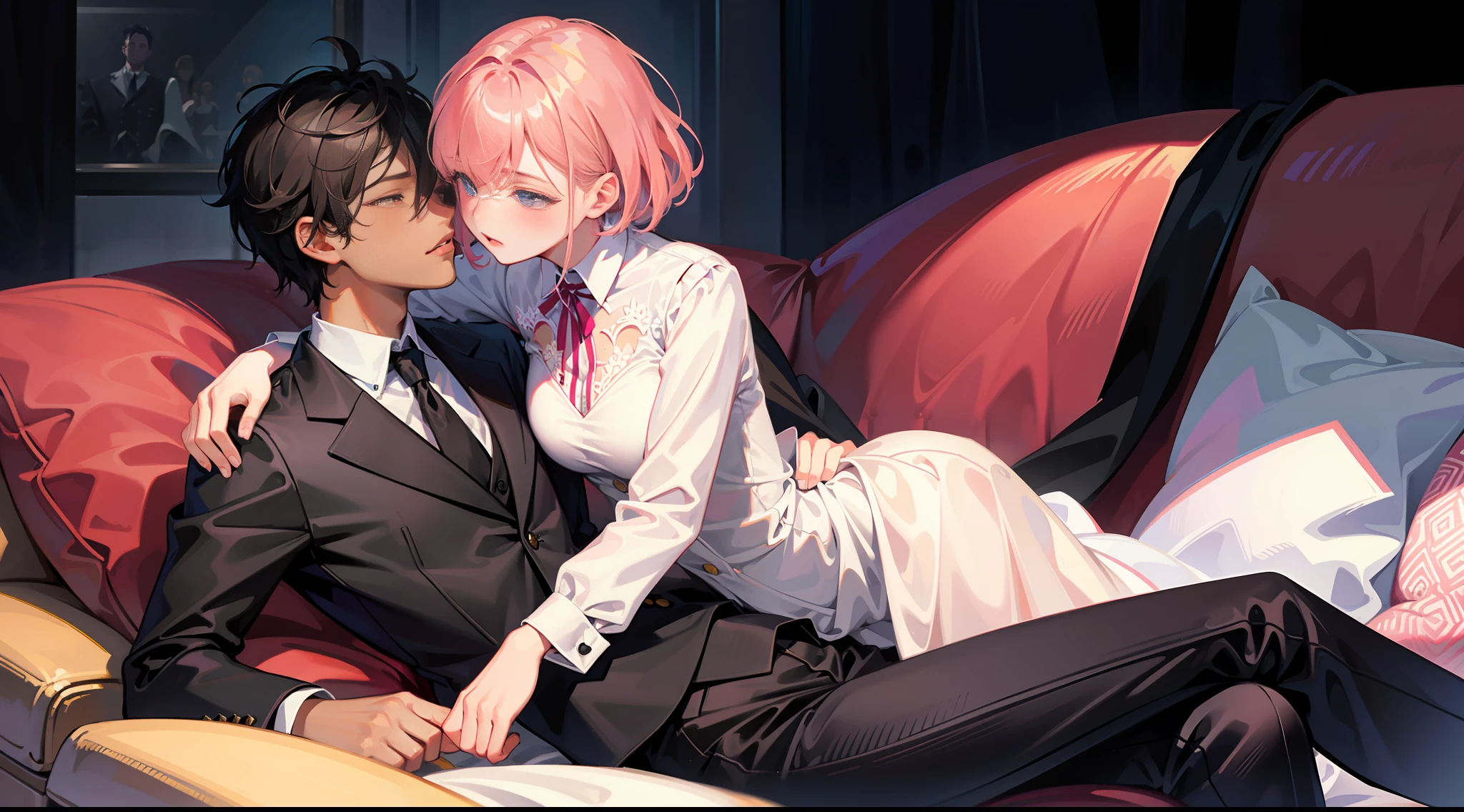 masterpiece, best quality, super detailed, illustration, beautiful detailed eyes, close up, a girl and a boy on sofa, girl pink hair and white dress, boy black hair and black suit clothes pants, girl and boy kissing on sofa