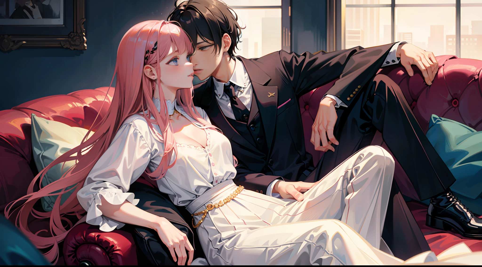 masterpiece, best quality, super detailed, illustration, beautiful detailed eyes, close up, a girl and a boy on sofa, girl pink hair and white dress, boy black hair and black suit clothes pants, girl and boy kissing on sofa