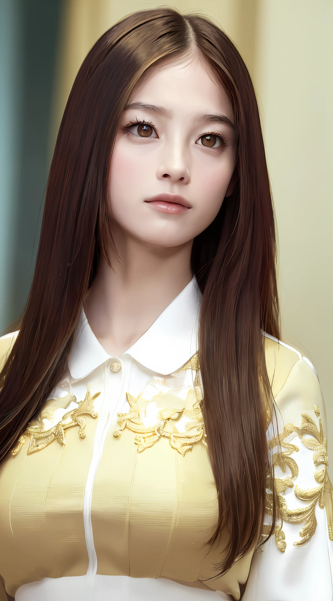 ((Top Quality, 8k, Masterpiece: 1.3)), Sharp Focus: 1.2, Pretty Women with Perfect Figure: 1.4, Slender Abs: 1.2, ((Dark Brown Hair, Huge Breasts: 1.4)), Built-up: 1.2, Highly Detailed Face and Skin Texture, Detailed Eyes, Double Eyelids, Golden Hair