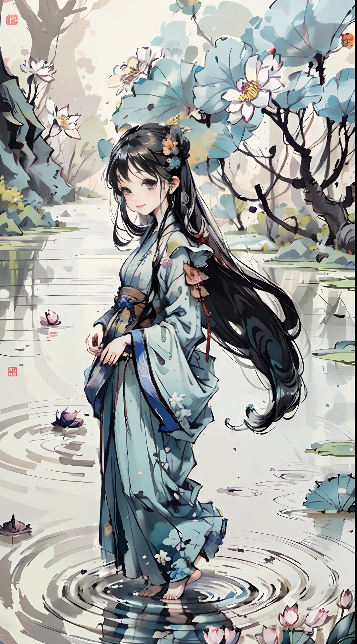 (4k,masterpiece,best quality)), shuimobysim, Chinese painting, lotus, hanfu, maxiskit, dress conservatively 1girl, solo, long blue hair, smile, standing, feet in water, barefoot,