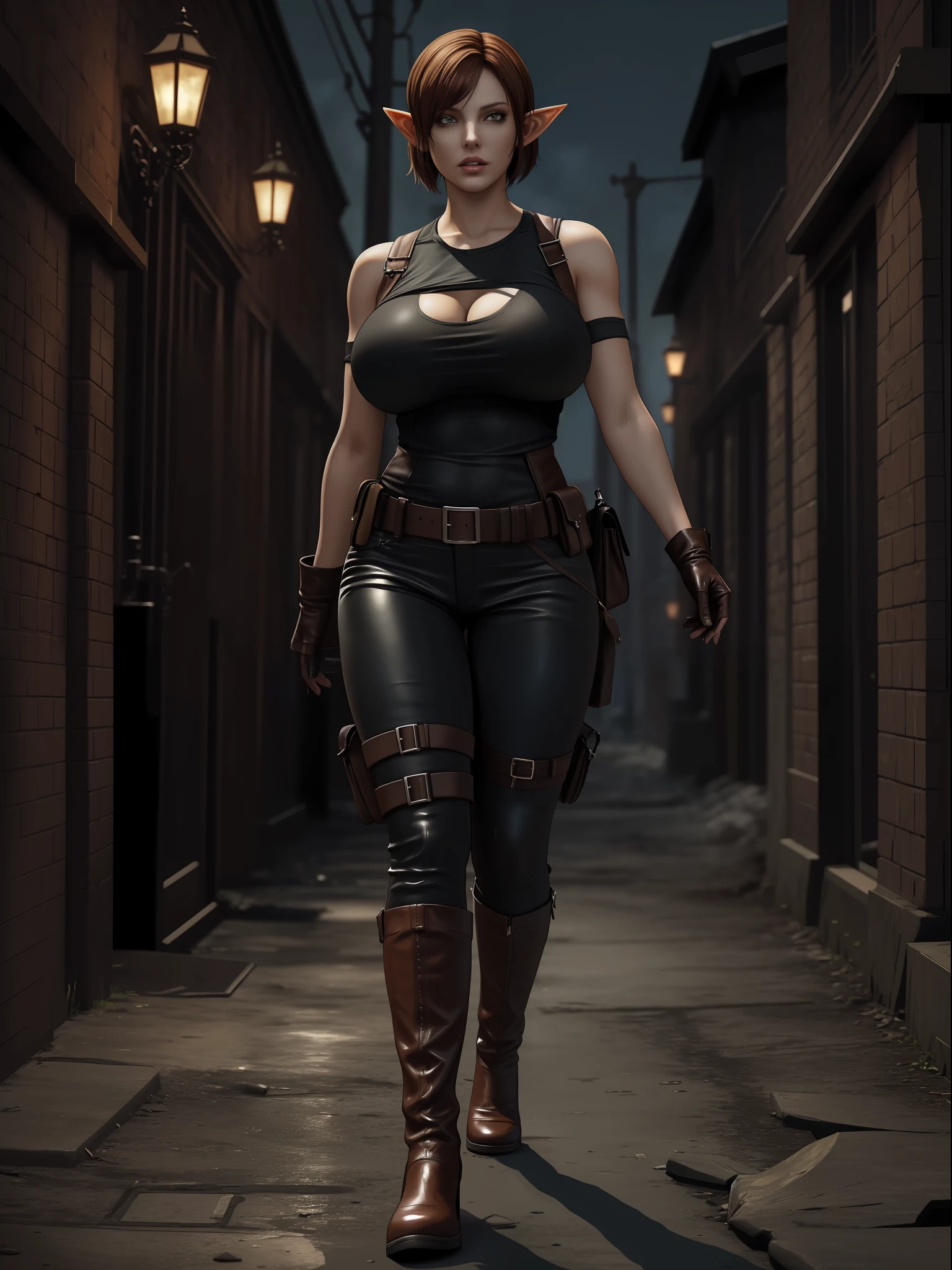 (Resident Evil 4:1.5), (full body photo:1.7), (An elf woman and several zombies in the background:1.5), (she has gigantic breasts:1.9), (She's in Resident Evil 4+Leon's clothes with black T-shirt+brown leather chorte+extremely tight on her body:1.4), (she's walking in a night town crowded with zombies:1.5), (she has short brown hair:1.3), (she has blue eyes:1.3), (she's doing poses+for the viewer+holding an armada), Hyperrealism, 16k, best quality, high details, UHD