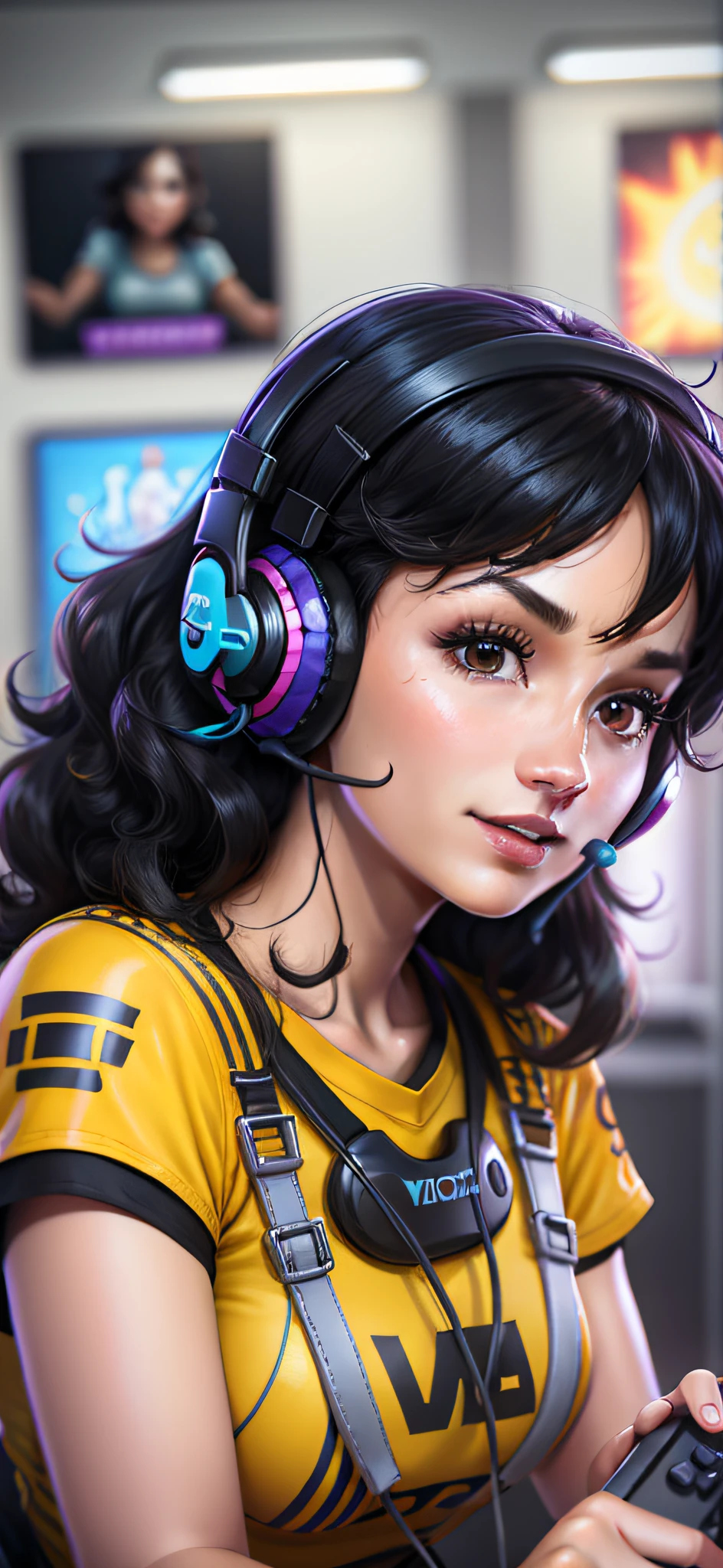 (best quality) (detailed description) woman playing on mobile phone, with curly, black hair and a yellow shirt, her face framed with curls, playing, wearing headset for games, holding the game controller, using a headset for games, playing video games, Twitch streamer, streamer, playing games,