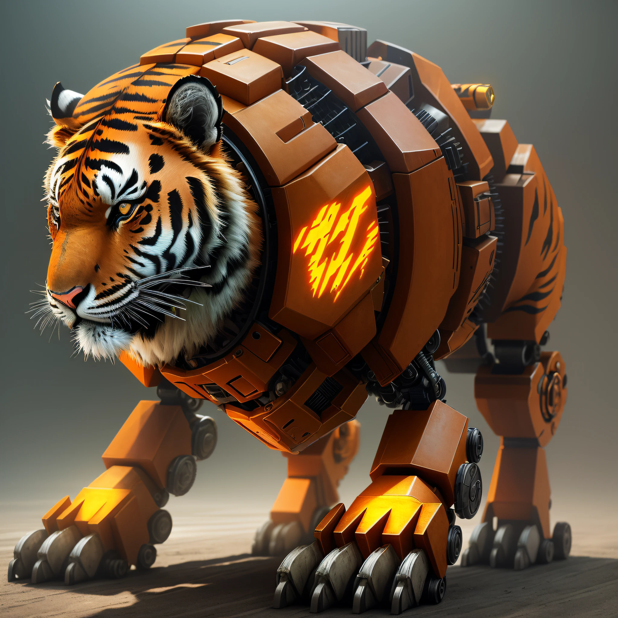 (Mechanical Tiger + Animal Robot), Extreme Texture, Delicate Texture, Realistic Detail, (Perfect Lighting + Highlights + Shadows), Grandiose Scene, HD Sharp, Neon Light, Dynamic Composition.