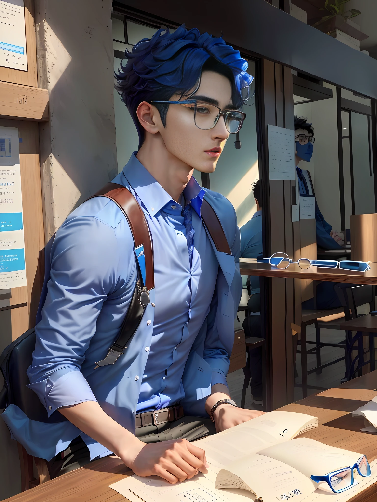 arafed man wearing glasses and a blue shirt sitting at a table, with glasses, handsome and attractive, cai xukun, inspired by Zhang Han, handsome stunning realistic, with square glasses, with glasses on, jewish young man with glasses, !!wearing glasses!!, wearing eyeglasses, handsome male, male ulzzang, inspired by David Diao, preppy style