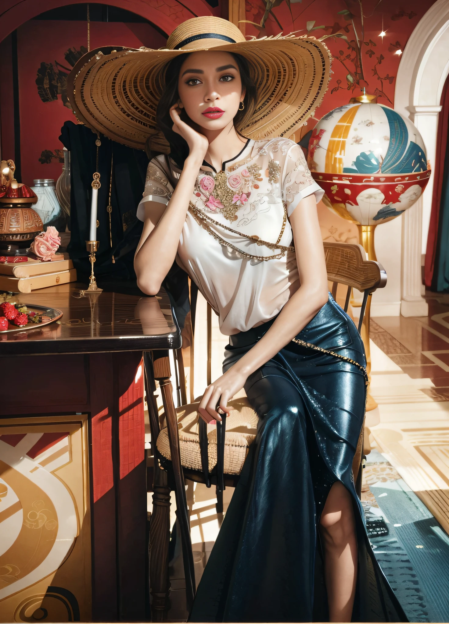 Extremely delicate and exquisite feet, extremely detailed legs, super detailed, high detail CG illustration, best picture quality, realistic 8K UHD, HD, high quality, exquisite details, meticulous, texture, fine, high detail, extremely detailed cg, high quality shadows, realistic face expression, detailed beautiful and delicate face, detailed beautiful and delicate eyes, perfectly proportioned face, cinematic light, lens flare, ray tracing, perspective, high nose bridge, thin face, tall girl, big eyes, blush, bright lips, perfect body, slimming, light particles, Shiny skin, delicate beautiful eyes and delicate face, 8K picture quality, HD picture quality, ultra HD picture quality, extremely delicate and exquisite, extremely delicate, black hair, beautiful detail girl, detail fingers, extremely detailed eyes and face, beautiful detail nose, beautiful detail eyes, woman sitting in chair in hat and dress, edited fashion photography, summer morning light, fashion editorial, author: Ni Yuanlu, with Chinese ancient costume, author: Yan Hui, edited photo from a magazine, wearing gorgeous silk clothes, Author: Yu Zhiding, fashion magazine editorial, fashion editorial photography, gorgeous lady, by Leo Goetz, wearing a straw hat