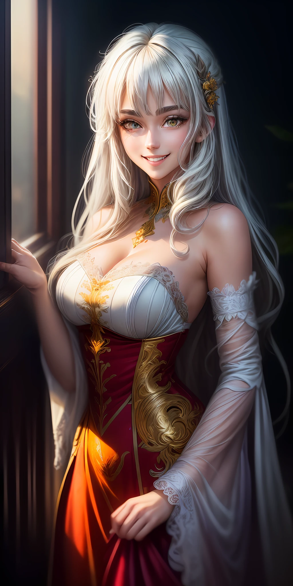 (extremely detailed CG unit 8k wallpaper: 1.5), <(masterpiece: 1.5), (best quality: 1.7), high resolution illustration, (finely detailed eyes and detailed face: 1.3), (detail: 1.3, best quality, (((BIG SMILE)))), (ultra-detailed), (an extremely delicate and beautiful), (illustration), (painting),(masterpiece: 1.5), cinematic light, dynamic angle, floating, sharp focus, (2d: 1.7), (best quality: 1.3), (illustration: 1.1),(shaggy hair: 1.2), (beautiful detailed eyes:1.1), (cinematic light:1.1), a beautiful girl with beautiful white hair and yellow eyes.
