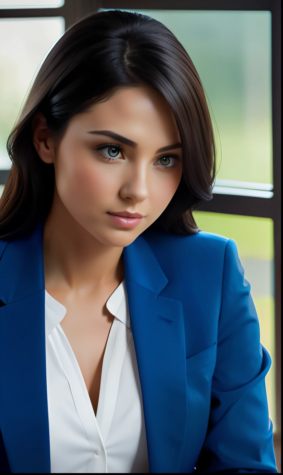Scene of an elegant lawyer, fair skin, dark hair and eyes, wavy hair at shoulder height, hairstyle to the right side and, very delicate face, dressed in a blue suit and white dress shirt with very discreet neckline, sophisticated office, photorealism, natural light mixed with warm lighting of a modern lamp, 35mm lens, shallow depth of field, shutter speed 1/500, F/2.8, white balance 5000K, soft and saturated tones –air 3:2 –s 850 –q 4