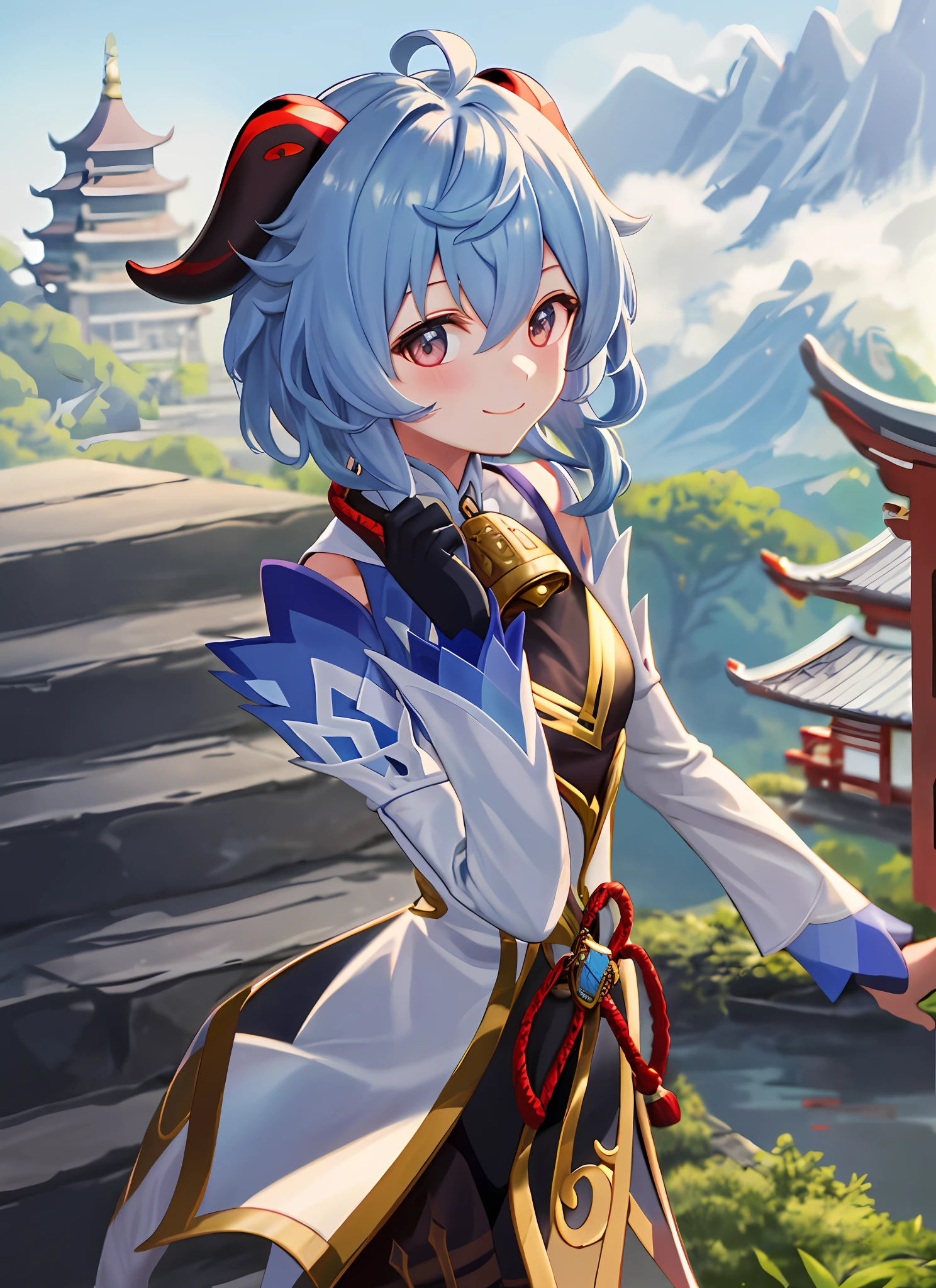 ganyudef, upper body, smile, blush, outdoors, day, simple background, blue sky, short hair, sky, temple, looking at viewer, stairs, mountain, moody lighting,