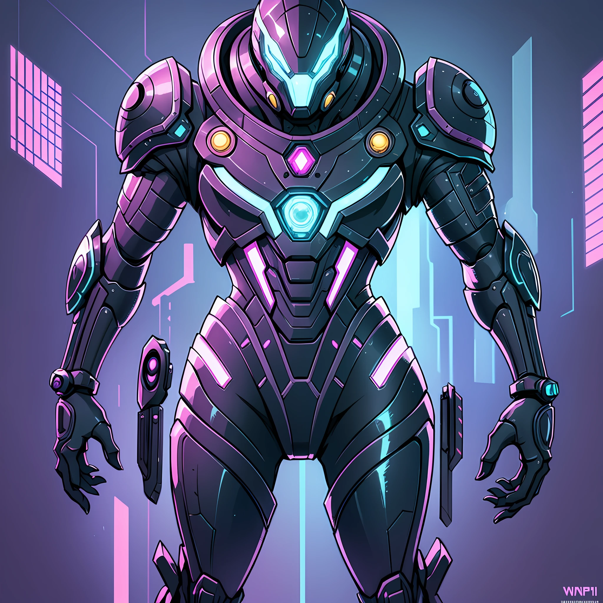 ComplexLA style, nvinkpunk, ghibli style, shiny, shiny_skin, simple_background, white_background, mechanical warframe \ (creature), WTECH, sci-fi, stylized 2.5D, glowing eyes, frontal standing, cyberpunk, futuristic, digital art, ComplexLA style, nvinkpunk, Marioalberti art style, line drawing, watercolor style, --auto --s2