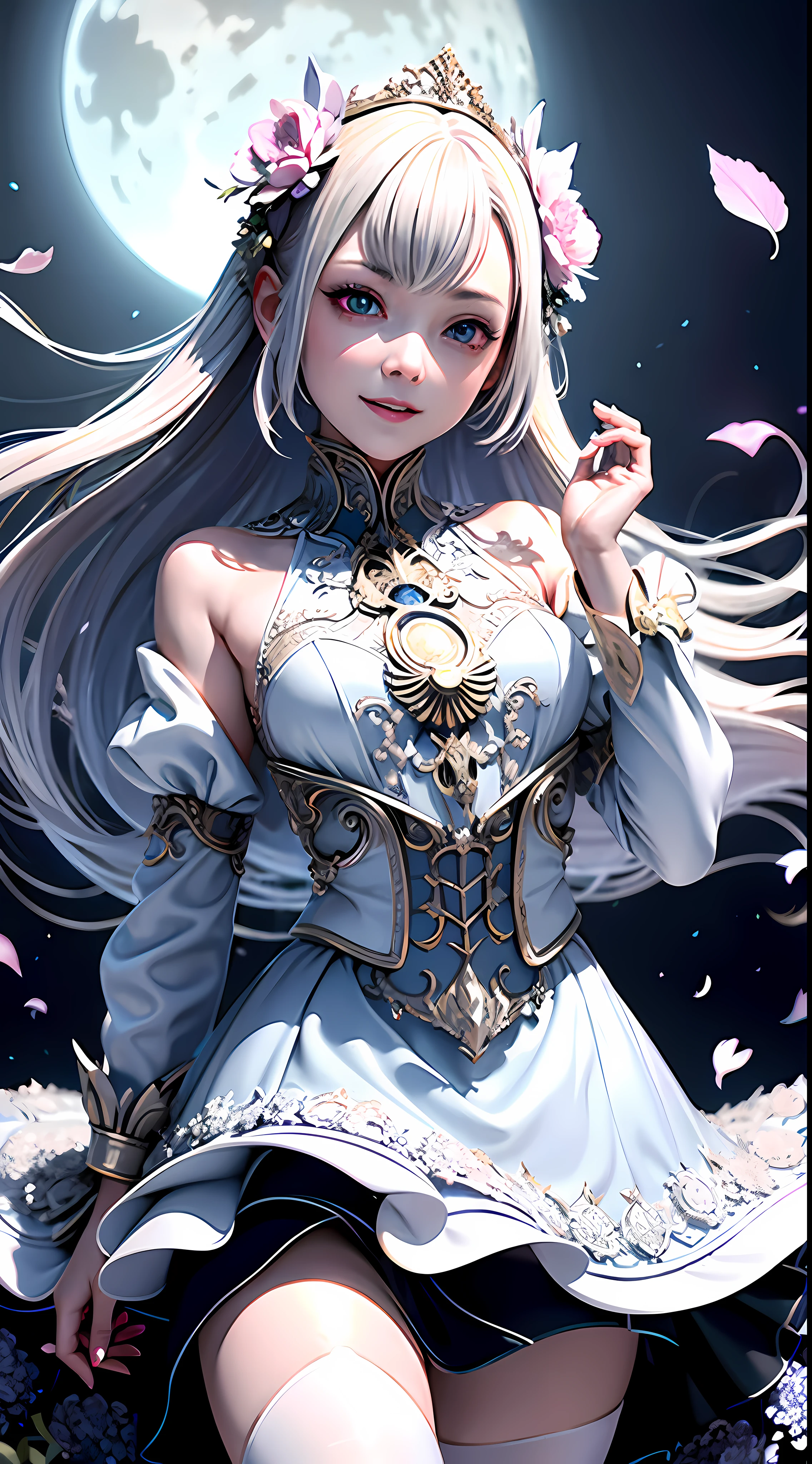 masterpiece, best quality, 1girl, (colorful),(delicate eyes and face), volumatic light, ray tracing, bust shot ,extremely detailed CG unity 8k wallpaper,solo,smile,intricate skirt,((flying petal)),(Flowery meadow) sky, cloudy_sky, moonlight, moon, night, (dark theme:1.3), light, fantasy, windy, magic sparks, dark castle,white hair