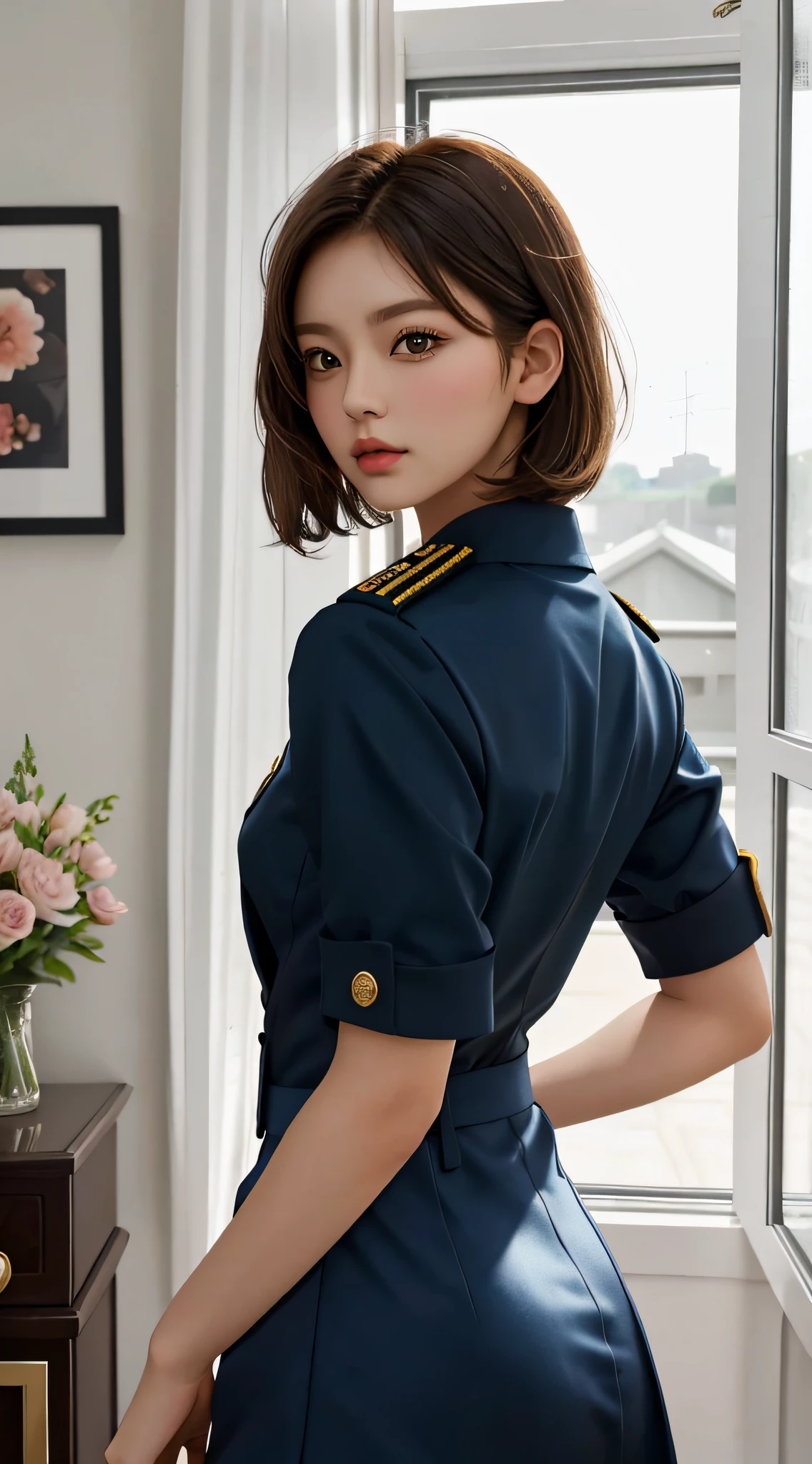 girl, a, top quality, upper body, beautiful, pretty, glossy, room, short hair, masterpiece, cat's eye, air force uniform, brunette hair, big ass