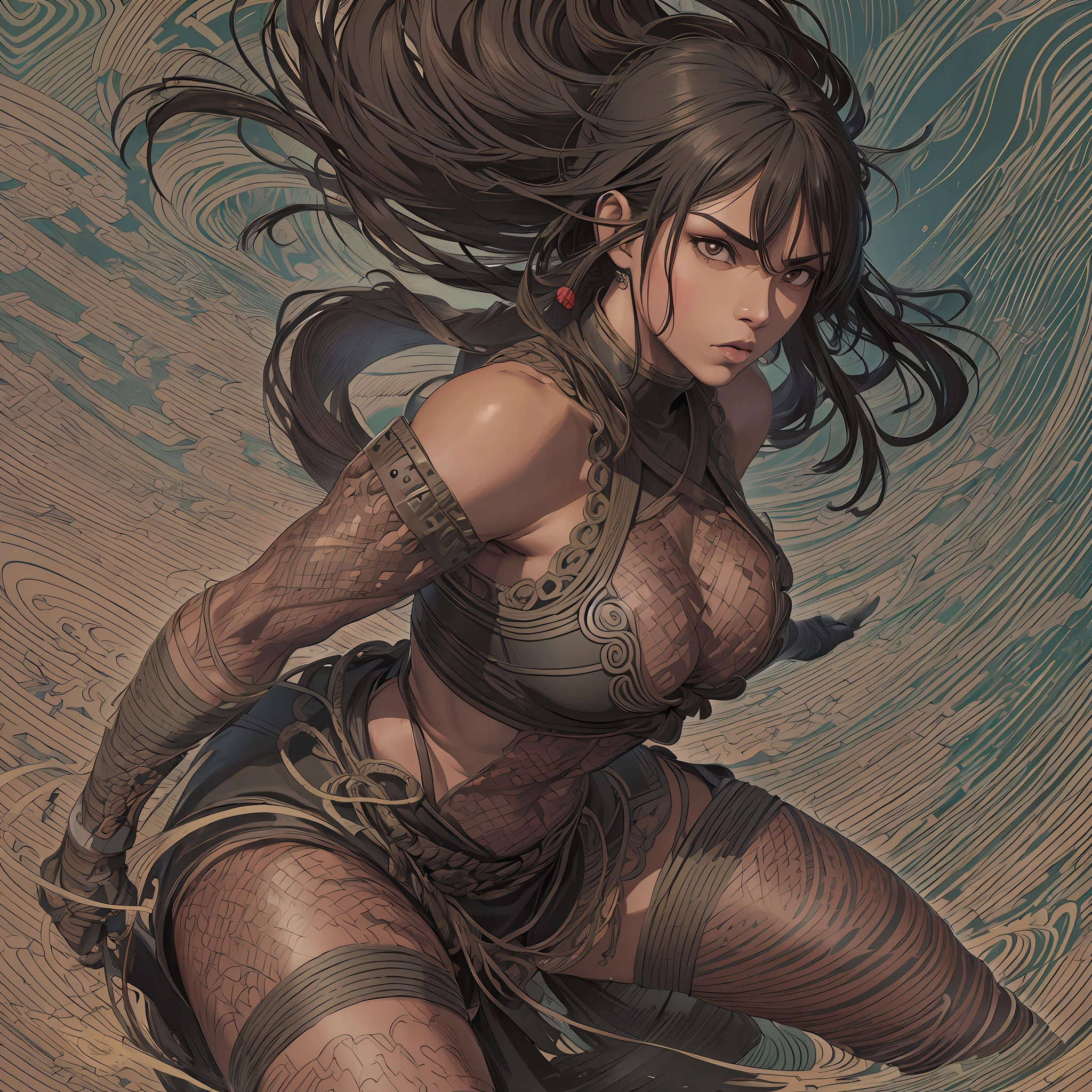 (kaisen jujutsu style), (line art:1.5), (1 woman:1.3), ((color)), Brazilian indigenous woman, brown skin, dramatic pose, (masterpiece, superior quality, best quality), extremely detailed background, good composition, good anatomy, perfect lighting, good shading, (realistic:1.3), --auto --s2