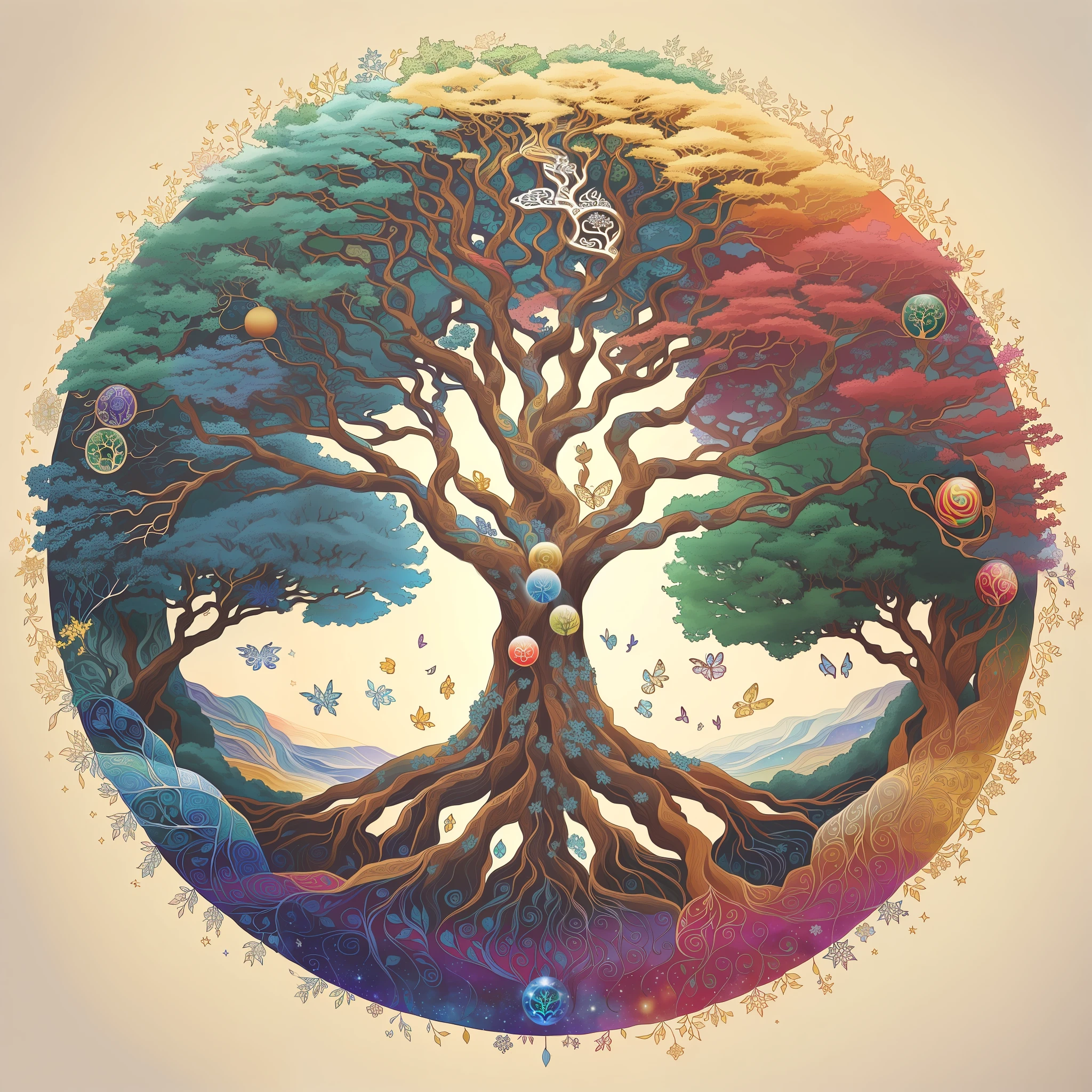 there is a picture of a tree with many different colors, tree of life seed of doubt, world tree, tree of life inside the ball, tree of life, the world tree, cosmic tree of life, the tree of life, yggdrasil, a beautiful artwork illustration, artistic illustration, fantasy tree, magical tree, beautiful detailed illustration, tree of life brains