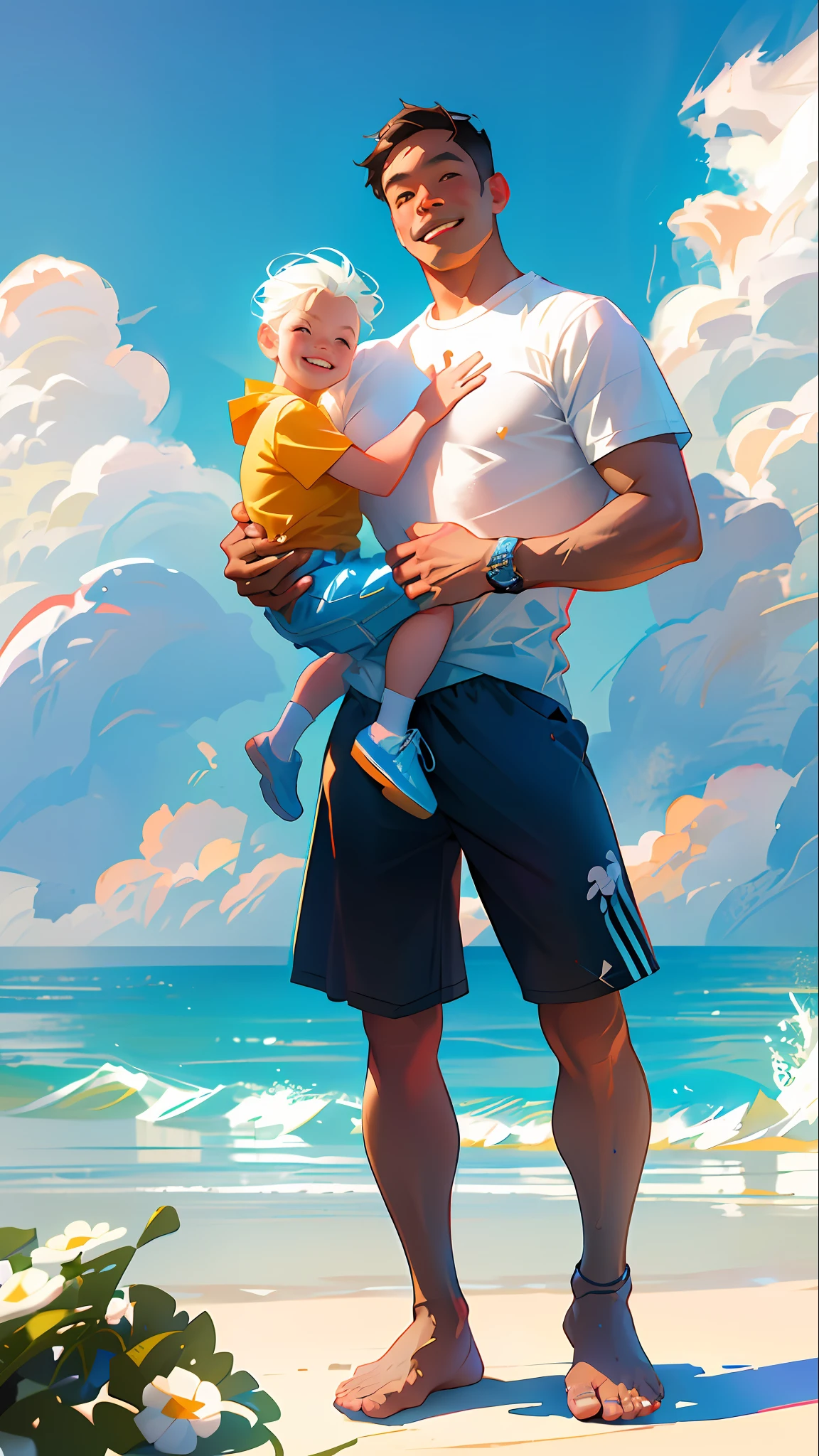 Illustration poster,, flat illustration, Father's Day, Asia, father and son, father smile, clear facial features, smile happiness on face, shirt, middle-aged father holding child, seaside, sunny, blue sky and white clouds, warm background for two people, bright colors, high saturation, contour light, warm bright, colorful, HD 8K --v6