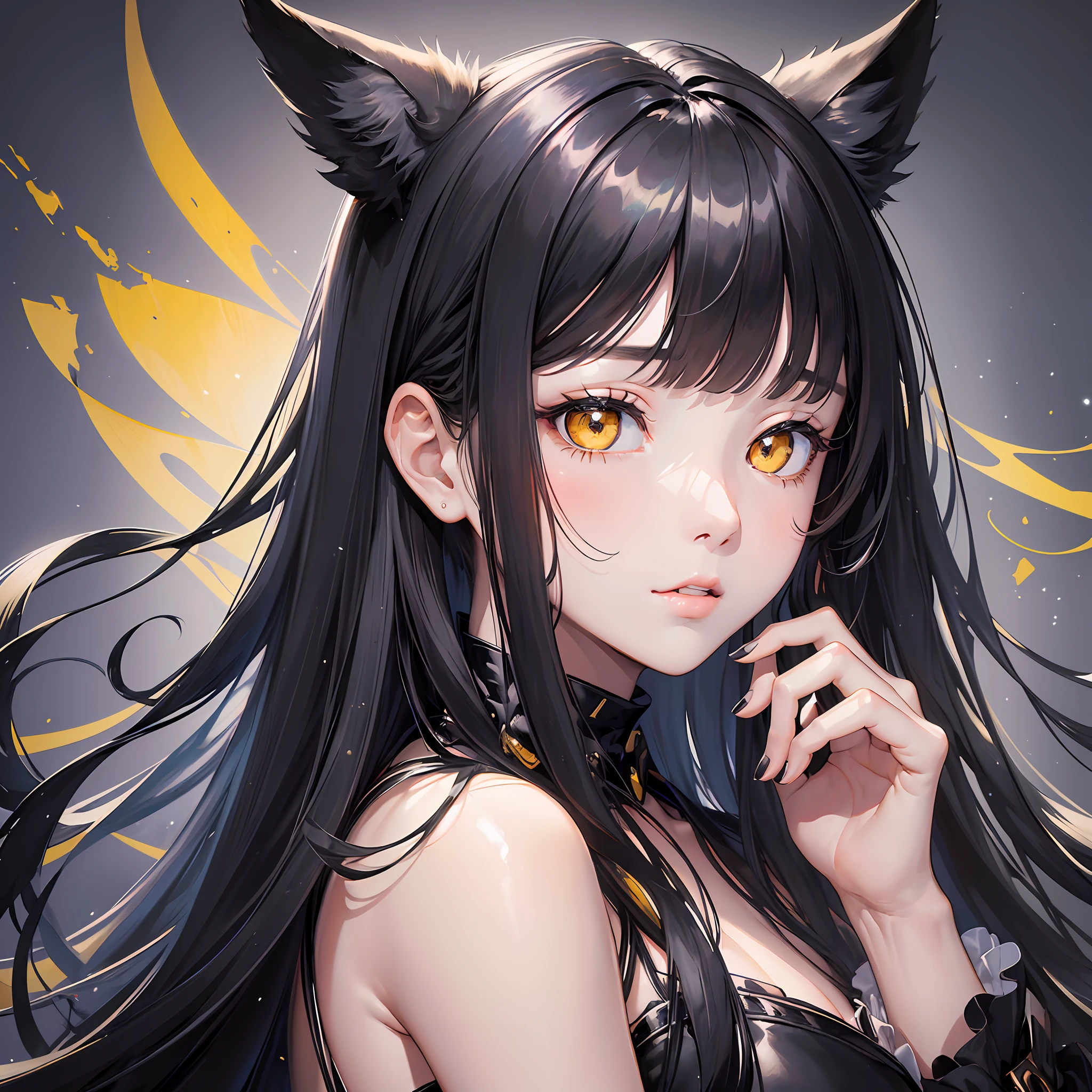 ((masterpiece)), ((highest image quality)), ((highest image quality)), (illustration of one girl), black horse ears, black horse tail, thin white color ahoge independent of black hair, long black hair, straight flat, very thin and long black bangs passing between the eyes, bewitching yellow eyes without highlights, thin and delicate body, --auto --s2