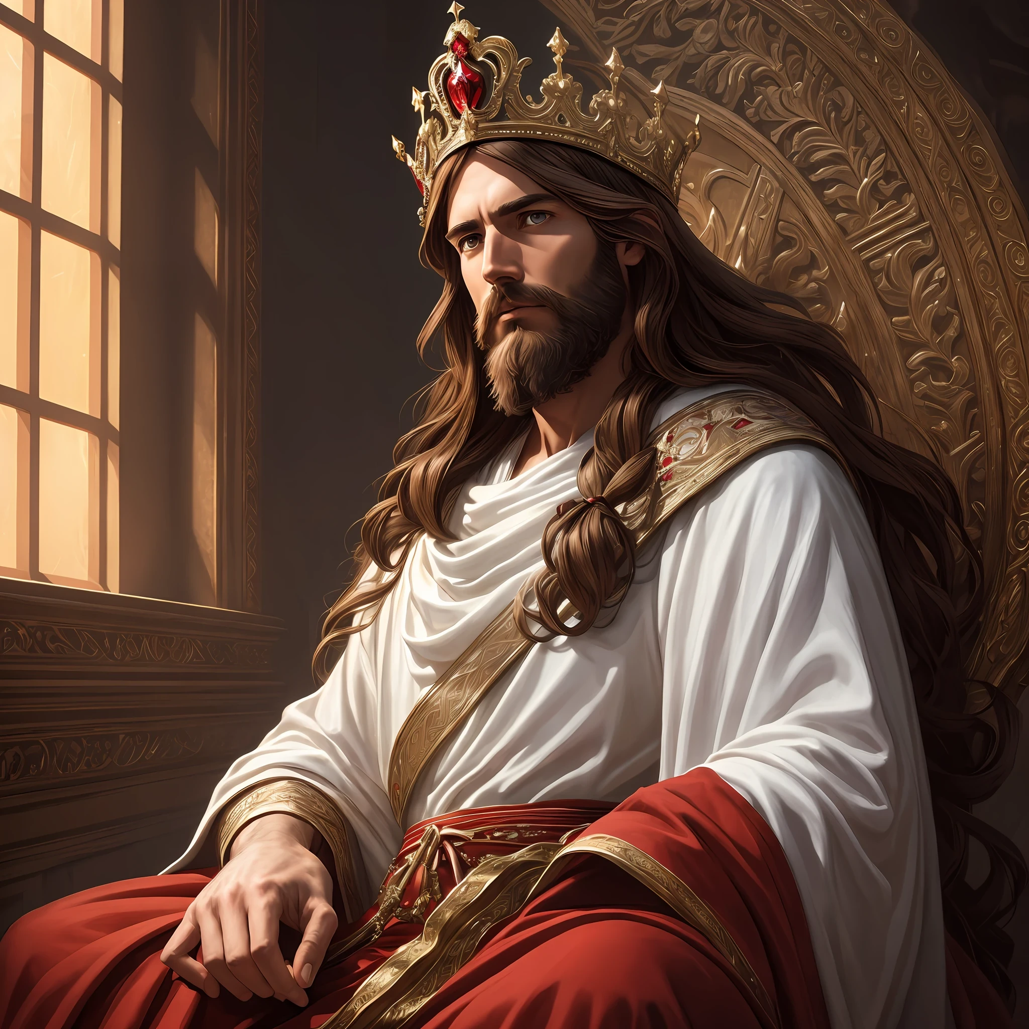 Jesus Christ sitting on the throne, dressed in white and red robe, crown on his head, brown hair and beard, serious face, "background space", masterpiece, best quality, high quality, 8k wallpaper, award-winning photography, HDR, bloom, chromatic aberration, photorealistic, extremely detailed, intricate, high detail, dramatic, art in the middle of the journey, volumetric lighting, art by artgerm and ruan jia and greg rutkowski surreal painting (masterpiece, Side lighting, beautiful finely detailed eyes: 1.2), HDR, 8K, God Ray --auto --s2