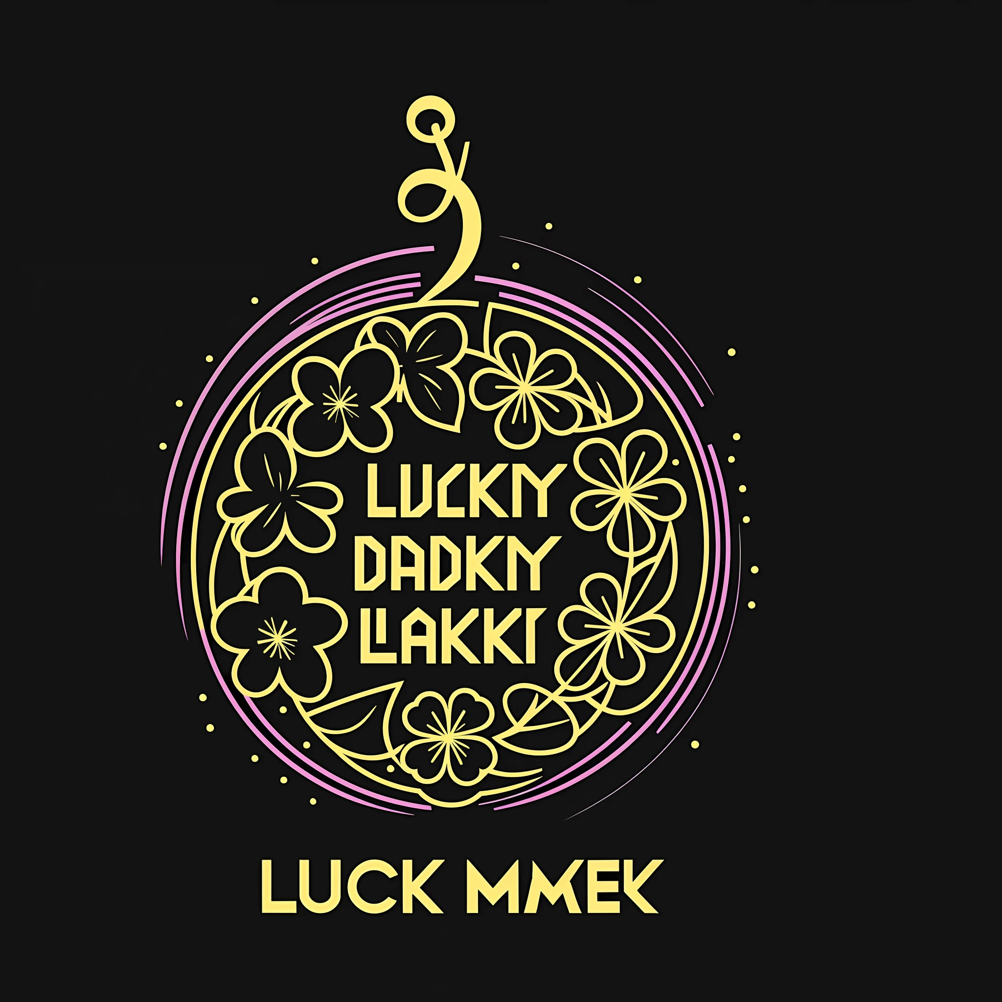 Create an image with The Luck Maker brand logo is composed of a character drawn male in a vector style, which is a mixture of elements of luck and creativity. The character is a combination of a four-leaf clover, a horseshoe and a pencil, which represents luck, creativity and the ability to make it happen. The image is complemented by bright lights in shades of purple and green, creating a vibrant effect that adds a modern touch to the design. The name "Luck Maker" is written in a modern and elegant font, in bold black, complementing the image of the character. The background is black, creating a strong contrast with the bright colors and adding a touch of sophistication to the overall design.  --s6 --auto