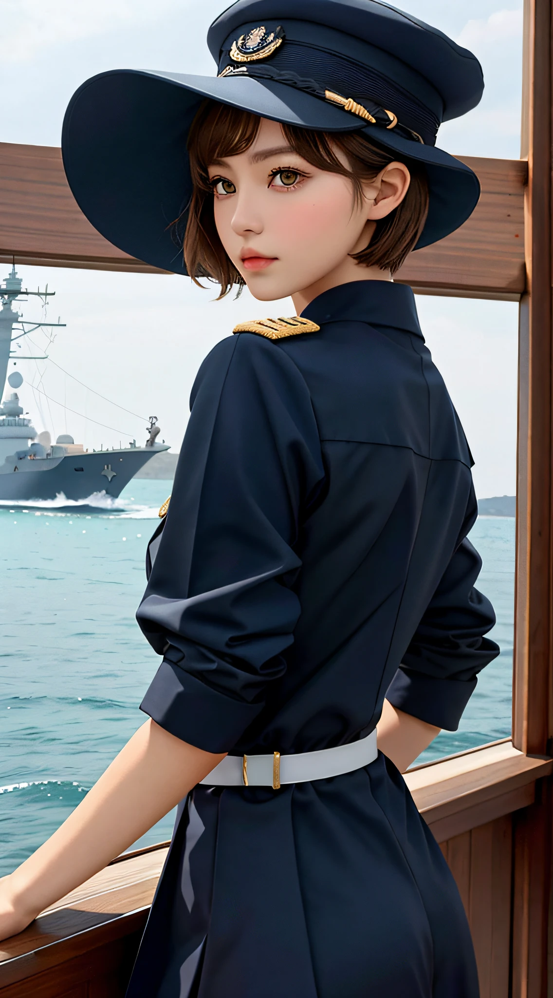 girl, a, top quality, upper body, beautiful, pretty, glossy, warship, short hair, masterpiece, cat's eye, navy uniform, brunette hair, big ass, with hat