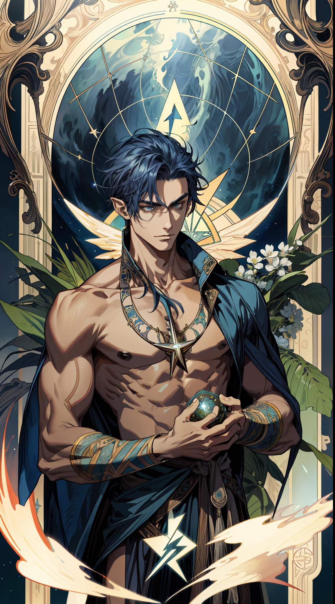 (absurd, high resolution, super detailed), 1 male, dark blue hair, bronzed skin, deep facial features, rugged face, Victorian style, navigator costume, (elven mixed male: 1.2), adult, (muscle: 1.2), (strong male: 1.2), broad shoulders, fine eyes and detailed face, hanged man\tarot card\, hanged man, ocean, storm, lightning, compass, symbolism, visual arts, occult, universal, visual projection, philosophy, iconography, numerology, pop, Art, Alphonse Mucha
