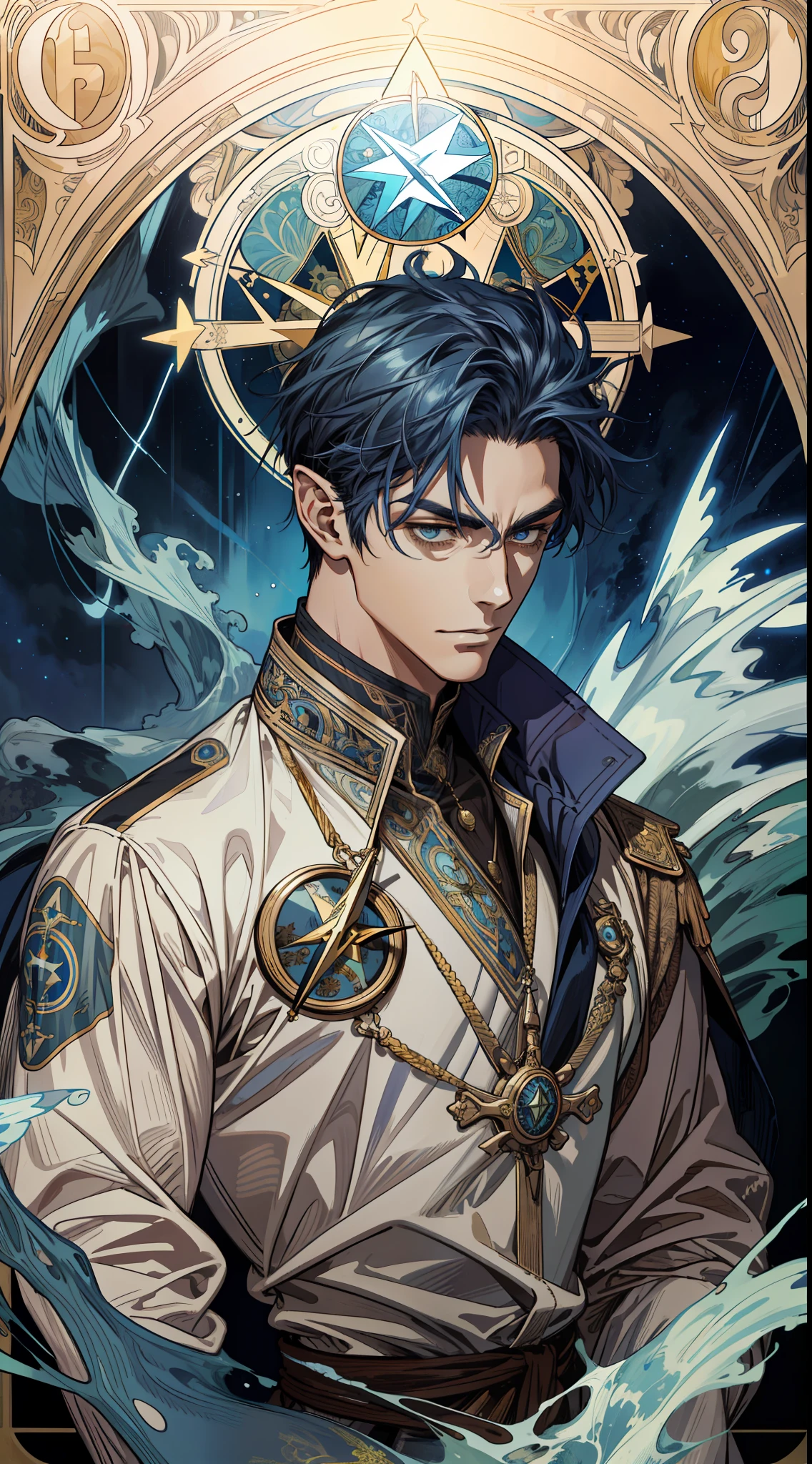 (absurd, high resolution, super detailed), 1 male, dark blue hair, bronzed skin, deep facial features, rugged face, Victorian style, navigator costume, (elven mixed male: 1.2), adult, (muscle: 1.2), (strong male: 1.2), broad shoulders, fine eyes and detailed face, hanged man\tarot card\, hanged man, ocean, storm, lightning, compass, symbolism, visual arts, occult, universal, visual projection, philosophy, iconography, numerology, pop, Art, Alphonse Mucha