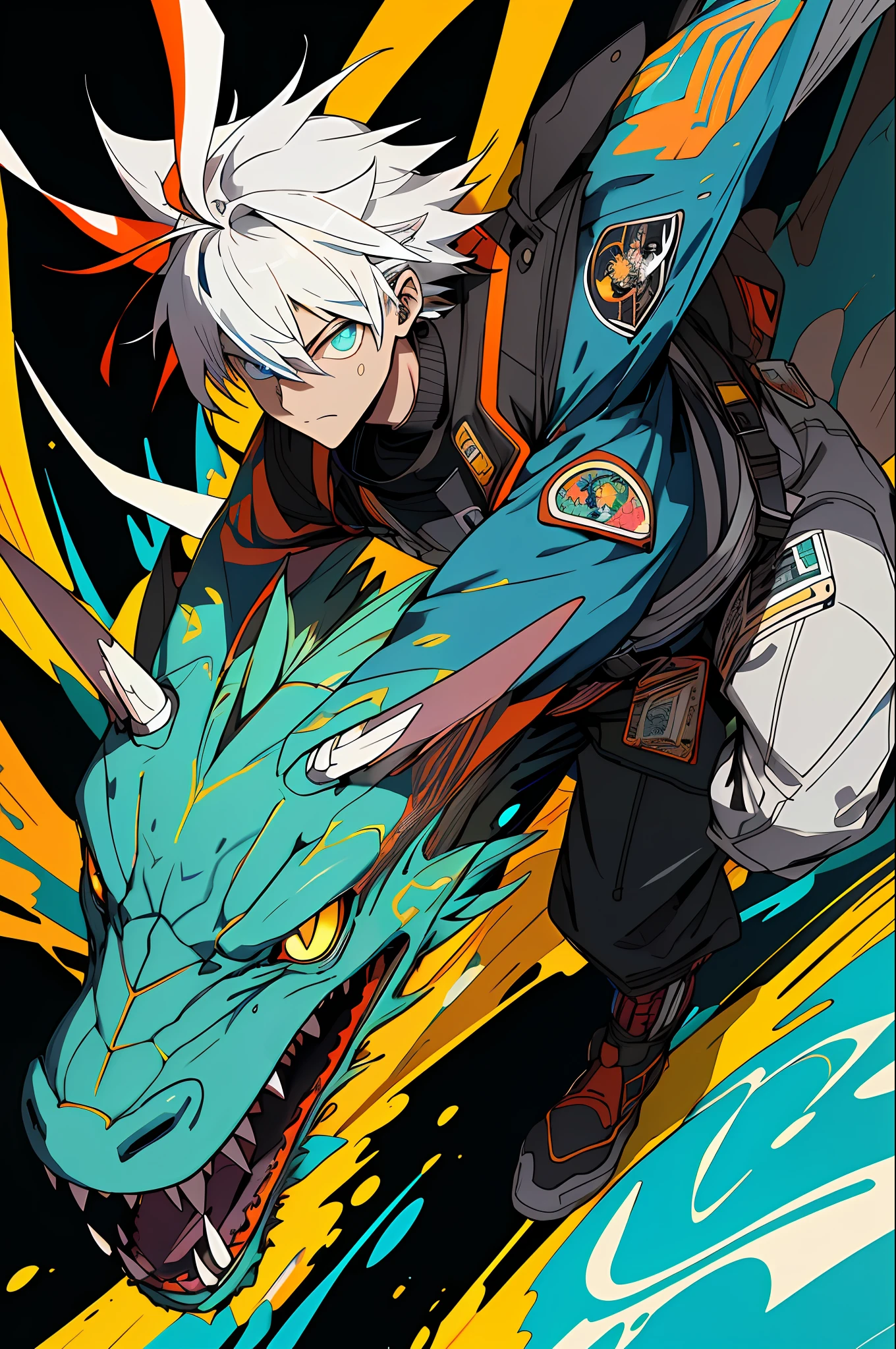 (grainy: 0.5), cinematic, girl, adult, space, serious, military pose, detailed face, detailed military equipment, volumetric lighting, isolation, horror, perfect anatomy, hyper-realistic, dark lighting, bioluminescent details, background, mixed-language_text, Japanese letters in graffit, boys, excellent lighting, sidelighting, (), vhsKeeper,, style GUILTY GEAR -STRIVE perfect ultimate (flat color: 1.3), (magazine_cover: 1.4), (multicolored_background: 1.3), striped_background, card_background, :: comix style by joe madureira :: circular pieces of white metals glued to the arms coming out shimmering yellow glow, , perfect and detailed, ultra detailed shirt with abstract design and with Japanese letters in graffit of the sides of the clothing, image of full-body boys fighting next to you with powerful dragons versus alien creature full of tentacles , with immersive effects, hover effect, background style graffiti tribal tattoo with vibrant colors "ultra hdr" detailed and with focus effect, (masterpiece: 1.2, best quality), (finely detailed beautiful eyes: 1.2), , ((Solo)), (Finely detailed eyes and detailed face: 1.3), in various full-body attack poses, (cute background: 1.2),futuristic costume, Super detailed circular metals Clinging to the arms and pants, fantastic paintings