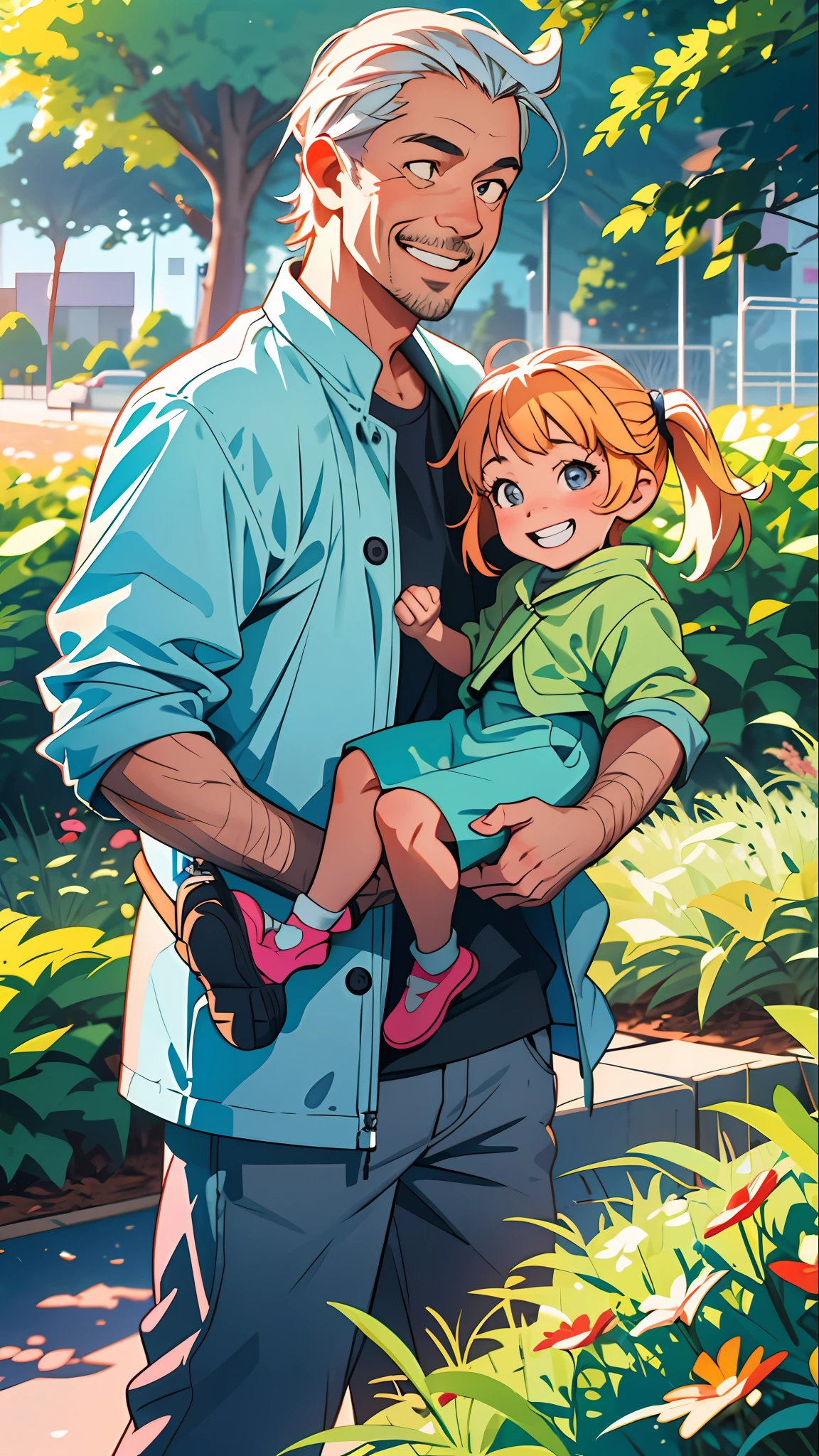 Flat illustration, touching, father and child, father chuckling, clear facial features, happy smile, hand in hand, park, warm atmosphere, high saturation, contour light, bright colors, HD 8K--StableDiffusion