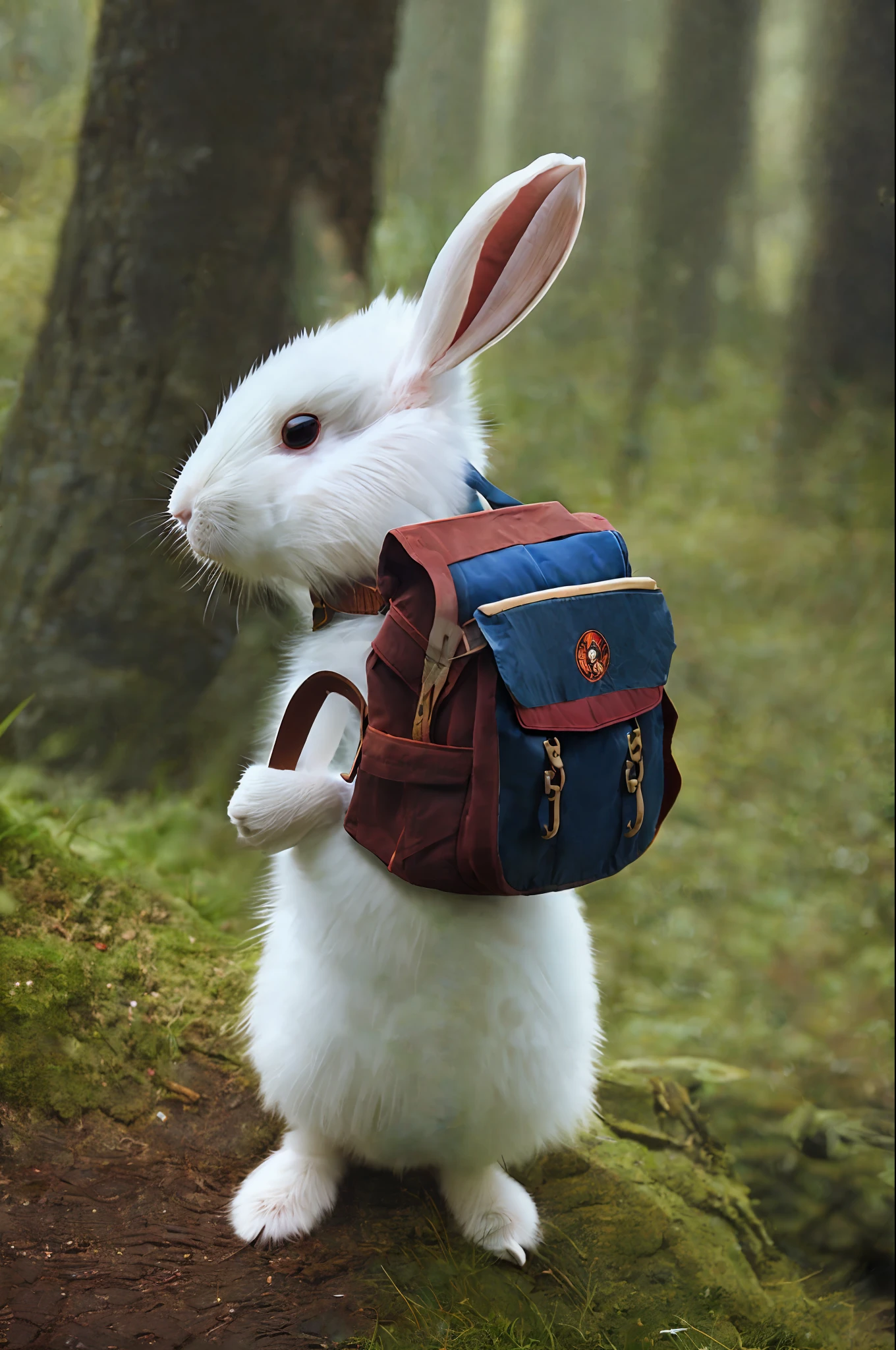 Classic negative portrait photo, fantasy video game character concept art, a cute white fluffy rabbit with a small brown leather backpack looking at a map hiking through the forest, dungeons and dragons, fantasy, river, haze, halo, Bloom, dramatic atmosphere, dark fantasy film of the 1970s, centered, rule of thirds