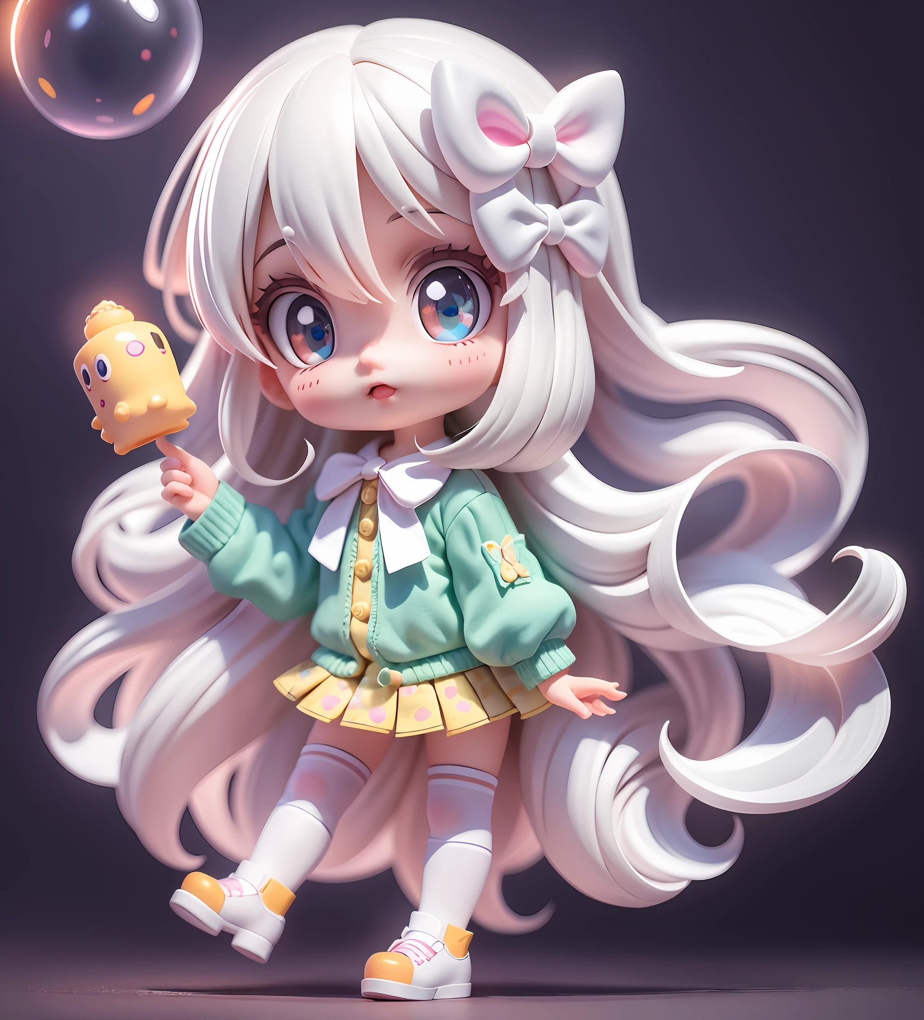 Masterpiece, Best Quality, Official Art, 8k Wallpaper, Very Detailed, Illustration, 1 Girl, White Hair, Beautiful Eyes, Super Cute Girl Full Body 3D Drawing, Good Looking Eyes, Big Eyes, Cute, Happy, C4D, Pop Matt Blind Box, Glow Bubble, Toy, Solid Color Background, Chibi, Fluorescent Translucence, Glow Body, Kawaii, Doll, Pop Mart Blind Box, Pixar, Intricate Details, 3D Rendering, Blender, OC Renderer, Fol Body reference sheet,dribble,high details,8k,studio lighting,li,pee,childi ,