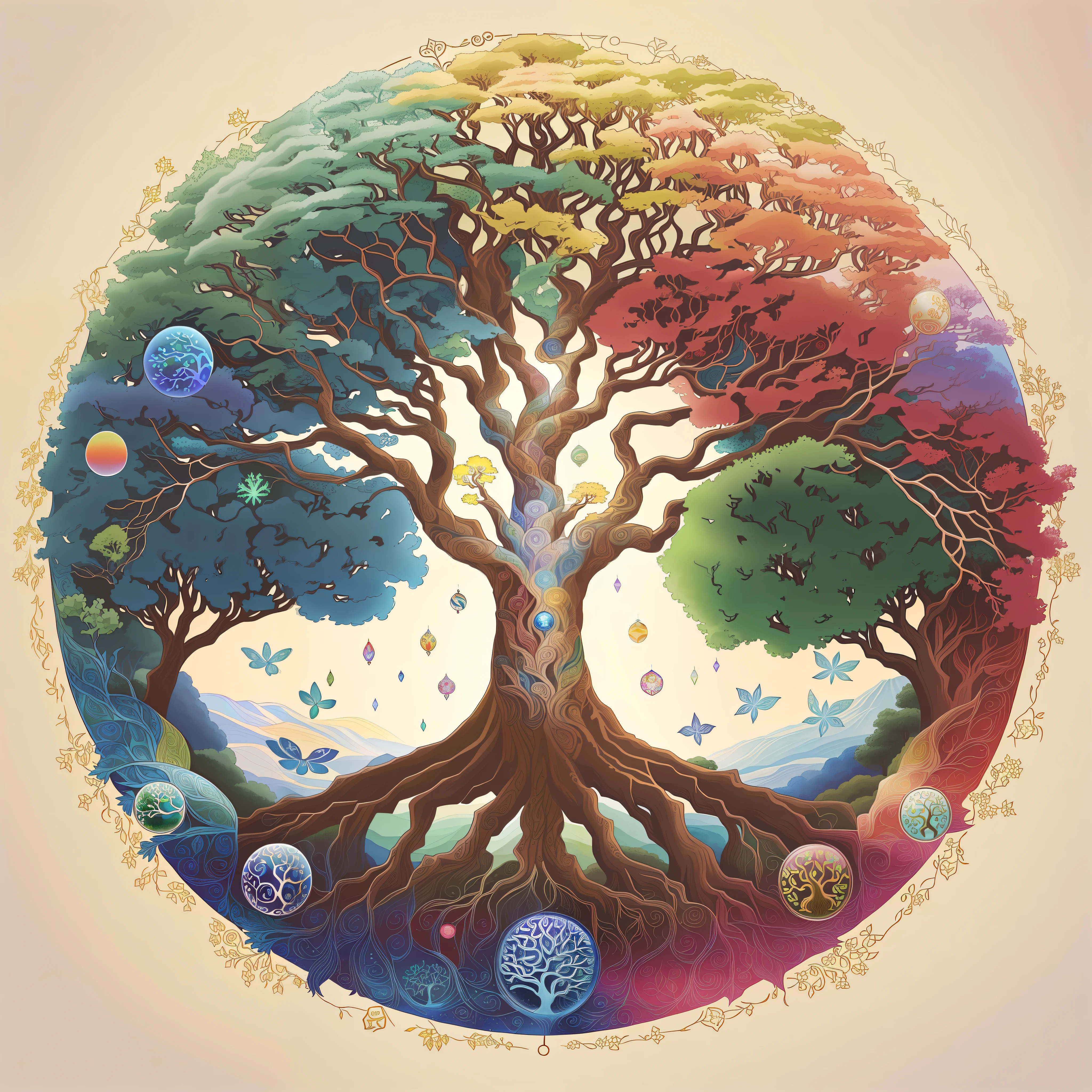 there is a picture of a tree with many different colors, tree of life seed of doubt, world tree, tree of life inside the ball, tree of life, the world tree, cosmic tree of life, the tree of life, yggdrasil, a beautiful artwork illustration, artistic illustration, fantasy tree, magical tree, beautiful detailed illustration, tree of life brains