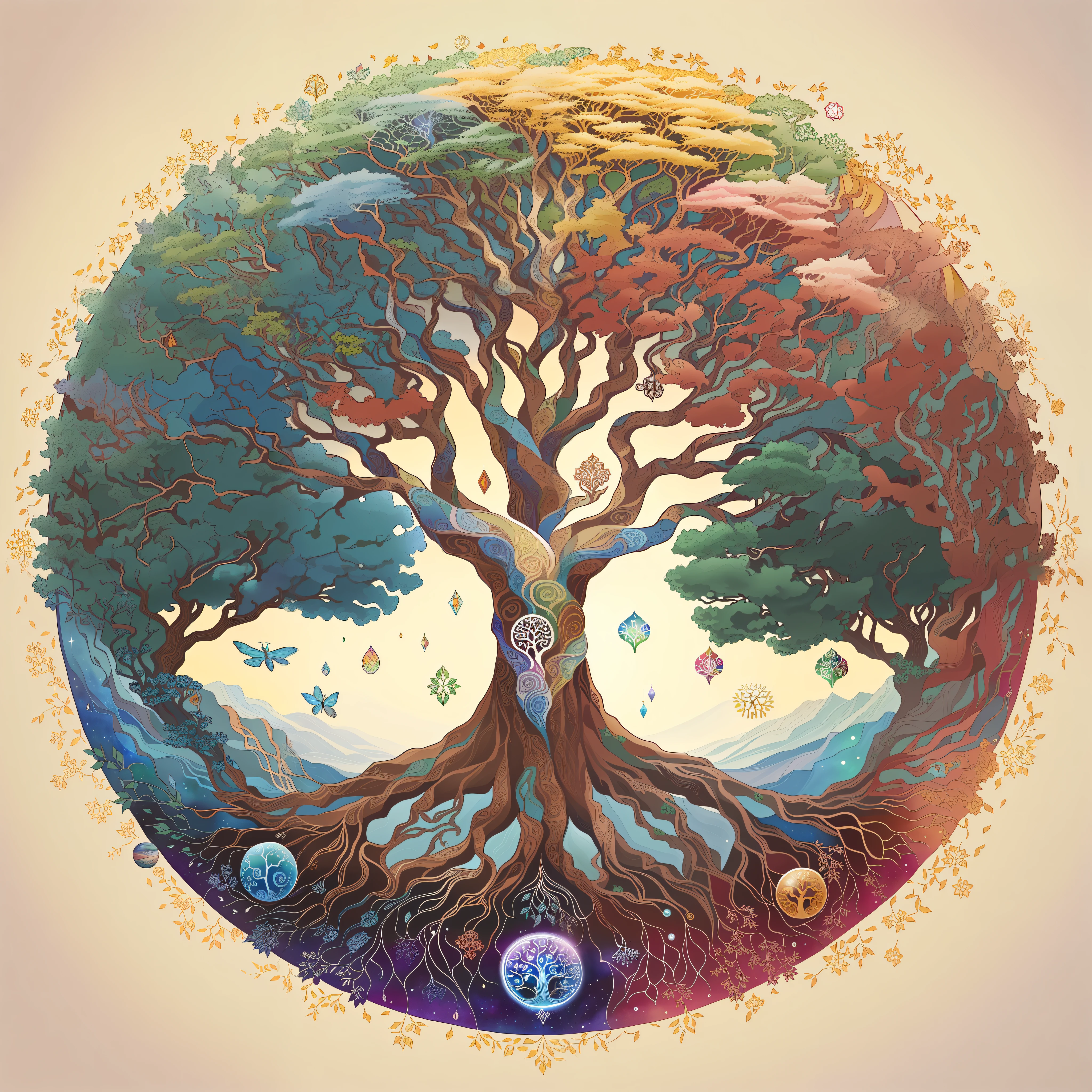 there is a picture of a tree with many different colors, tree of life seed of doubt, world tree, tree of life inside the ball, tree of life, the world tree, cosmic tree of life, the tree of life, yggdrasil, a beautiful artwork illustration, artistic illustration, fantasy tree, magical tree, beautiful detailed illustration, tree of life brains