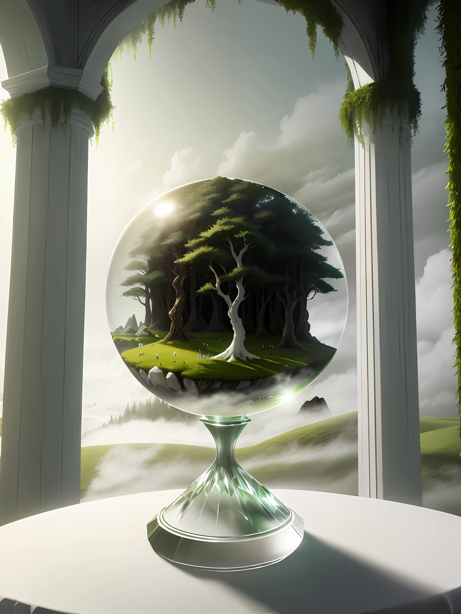 artistic, stunning, mysterious, hyper-realism, 16K high resolution, Unreal Engine, soft light, (maximum sharp focus: 1.3), (fresh green trapped in a crystal ball with pedestal, young trees: 1.5), (moss, white sand, white fog: 1.3), (on table: 0.2),