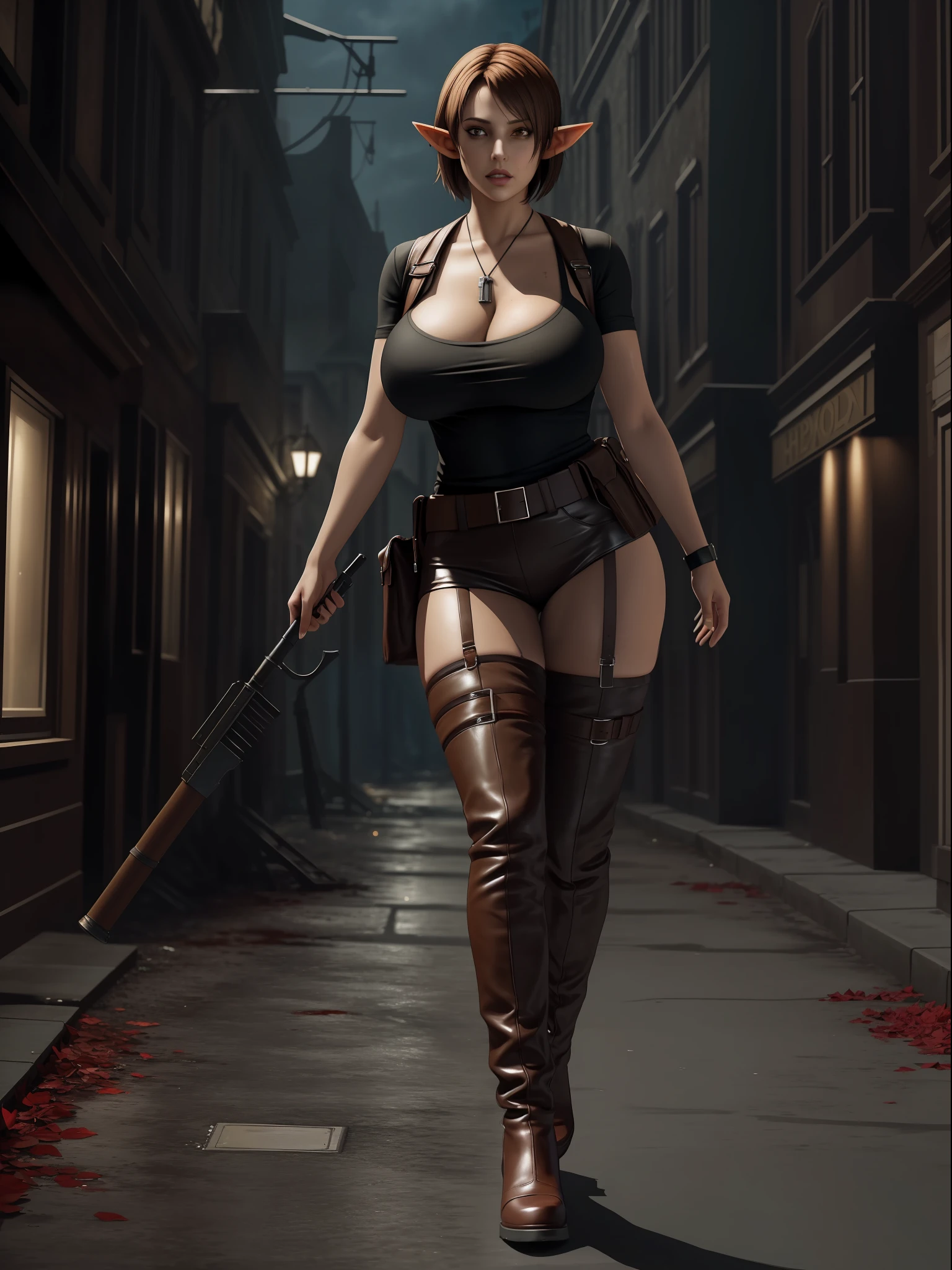 (Resident Evil 4:1.5), (full body photo:1.7), (An elf woman and several zombies in the background:1.5), (she has gigantic breasts:1.9), (She's in the clothes of Resident Evil 4+ Leon with black T-shirt+brown leather chorte+extremely tight on body:1.4), (zombies in the background:1.5), (she walking in a night town crowded with zombies:1.5),  (she has short brown hair:1.3), (she has blue eyes:1.3), (she's doing poses+for the viewer+holding an armada), Hyperrealism, 16k, best quality, high details, UHD