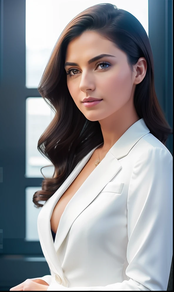 Scene of an elegant lawyer, fair skin, dark hair and eyes, wavy hair at shoulder height, hairstyle to the right side and, very delicate face, dressed in a blue suit and white dress shirt with very discreet neckline, sophisticated office, photorealism, natural light mixed with warm lighting of a modern lamp, 50mm lens, depth of field, shutter speed 1/500, F/2.8, white balance 5000K, soft and saturated tones –air 3:2 –s 850 –q 4