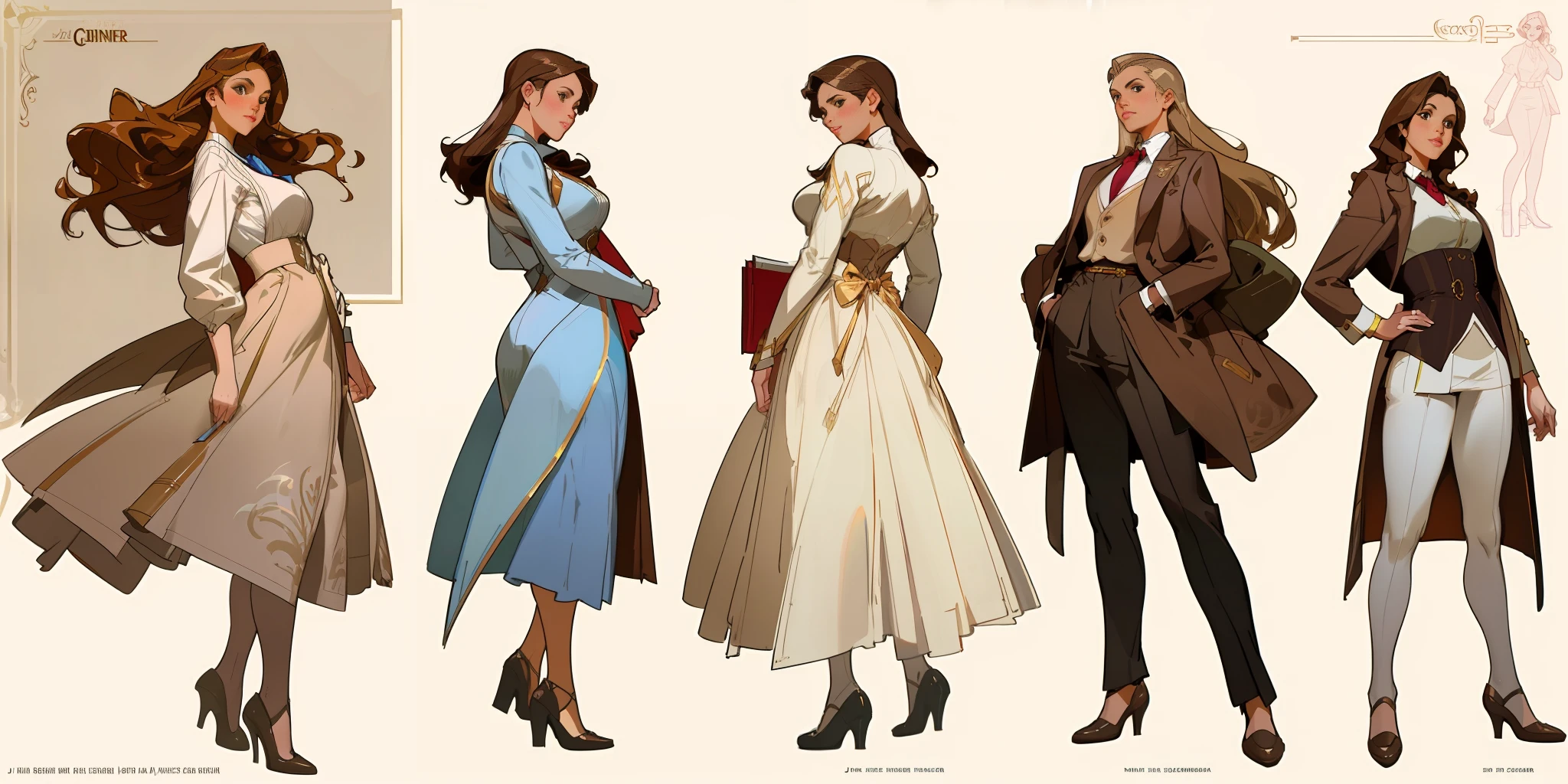 Best quality, 3 young adult women, character sheet, concept art, (full body, masterpiece: 1.2), (best quality: 1.3), insanely beautiful Caucasian women, long light brown windy hair, white, 3 stunning women on their 30s, wearing an elegant couture dress and designer shoes, big city skyline as the background, winner attitude pose, with long light brown hair, assorted poses, in the style of Norman Rockwell, JC Leyendecker, Jordan Grimmer, soft pastel colors, intricate, elegant, highly detailed, digital painting, art station, concept art.