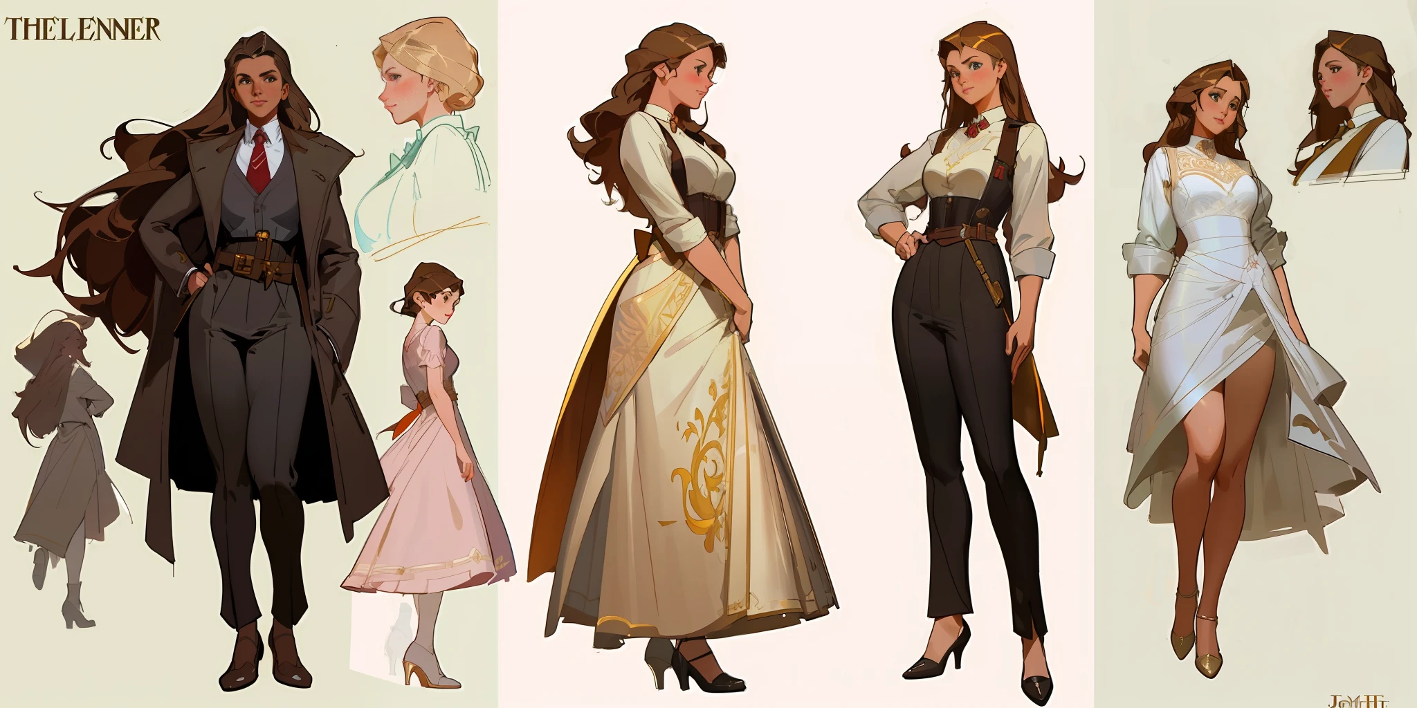 Best quality, 3 young adult women, character sheet, concept art, (full body, masterpiece: 1.2), (best quality: 1.3), insanely beautiful Caucasian women, long light brown windy hair, white, 3 stunning women on their 30s, wearing an elegant couture dress and designer shoes, big city skyline as the background, winner attitude pose, with long light brown hair, assorted poses, in the style of Norman Rockwell, JC Leyendecker, Jordan Grimmer, soft pastel colors, intricate, elegant, highly detailed, digital painting, art station, concept art.