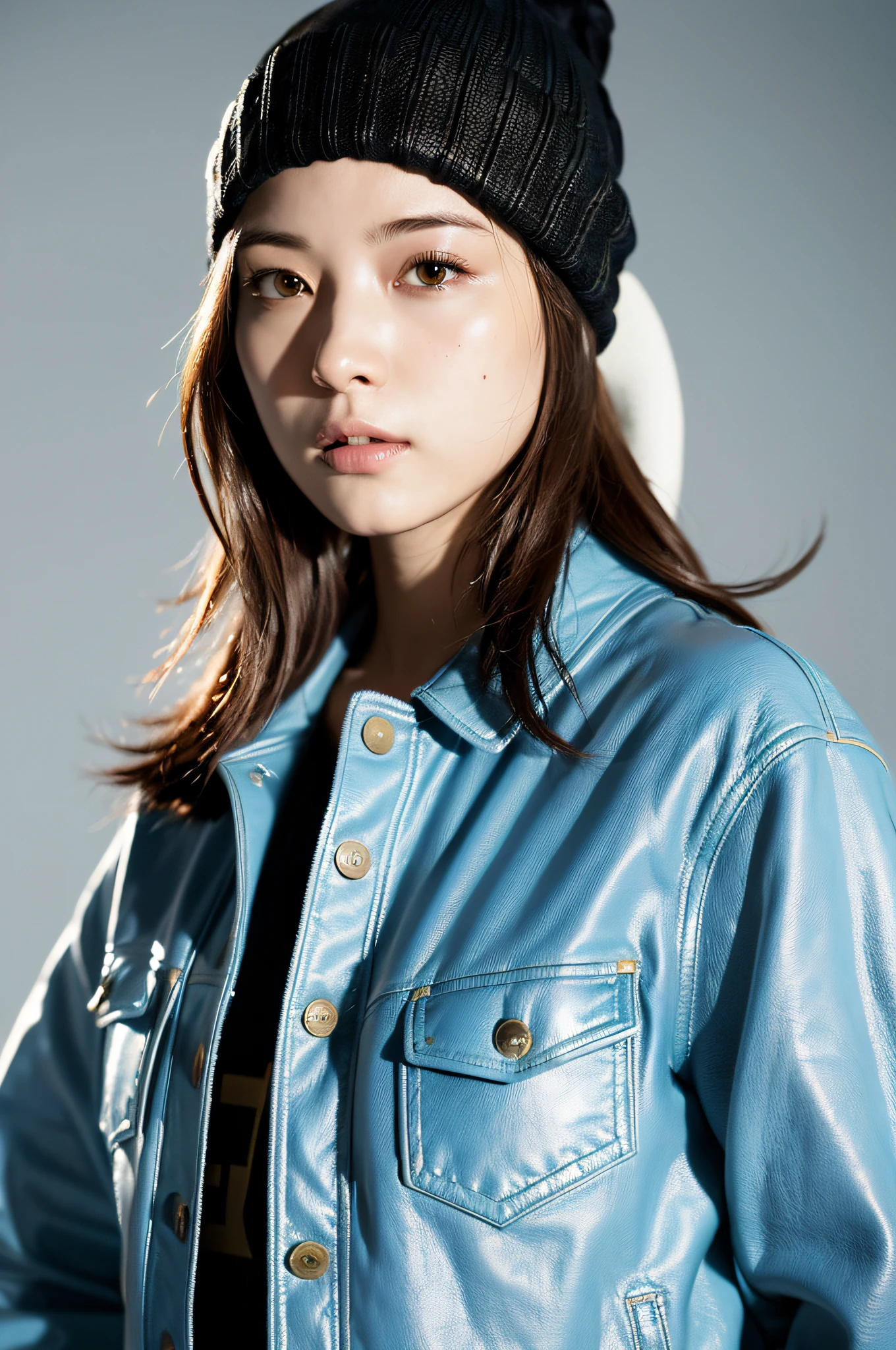 (
(8k:1.27), best quality, masterpiece, ultra highres:1.2) Photo of Pretty Japanese woman
 (beautiful:1.1) (sci-fi warrior woman:1.1) space soldier, (beanie:1.61) (leather jacket:1.21) intricate elegant, fantasy, detailed, ometric by greg rutkowski and alphonse mucha, gradient lighting