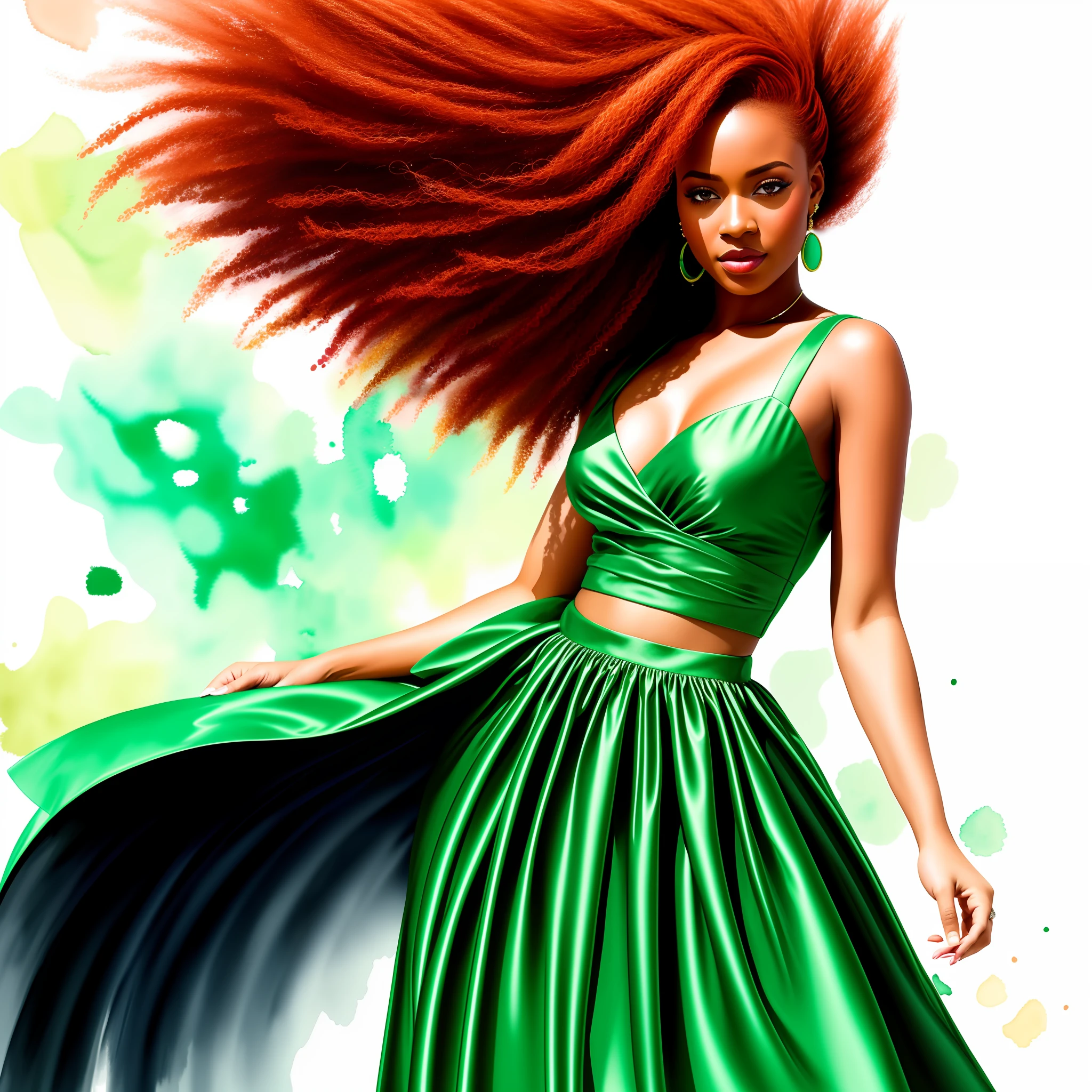 add_detail:1, realistic image of a black woman with red hair and light green eyes, wearing elegant party clothes, with scattered contours and white background, intricate details, low key, watercolor, splash
